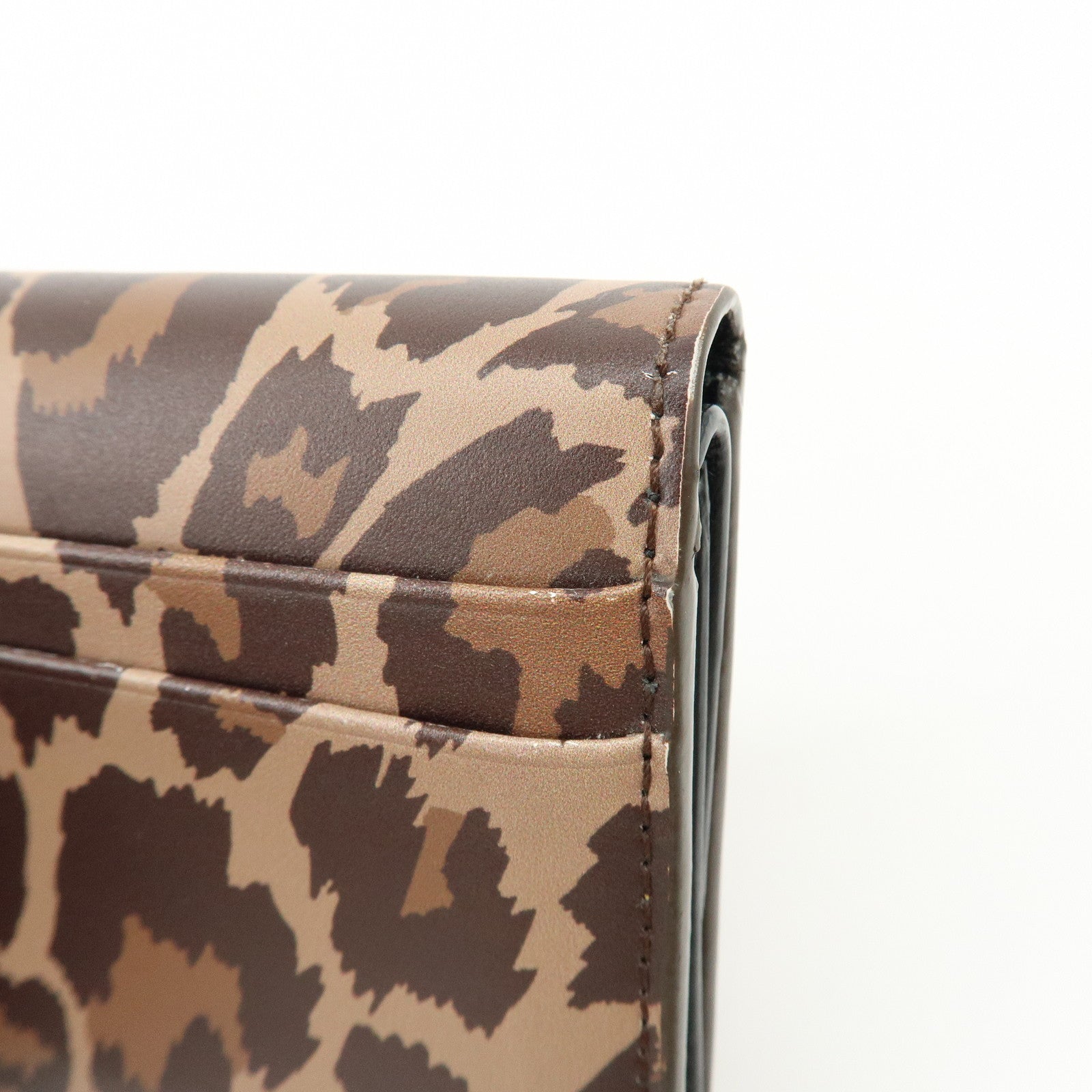 Balenciaga Leather Bi-Fold Compact Wallet Leopard Motif Brown