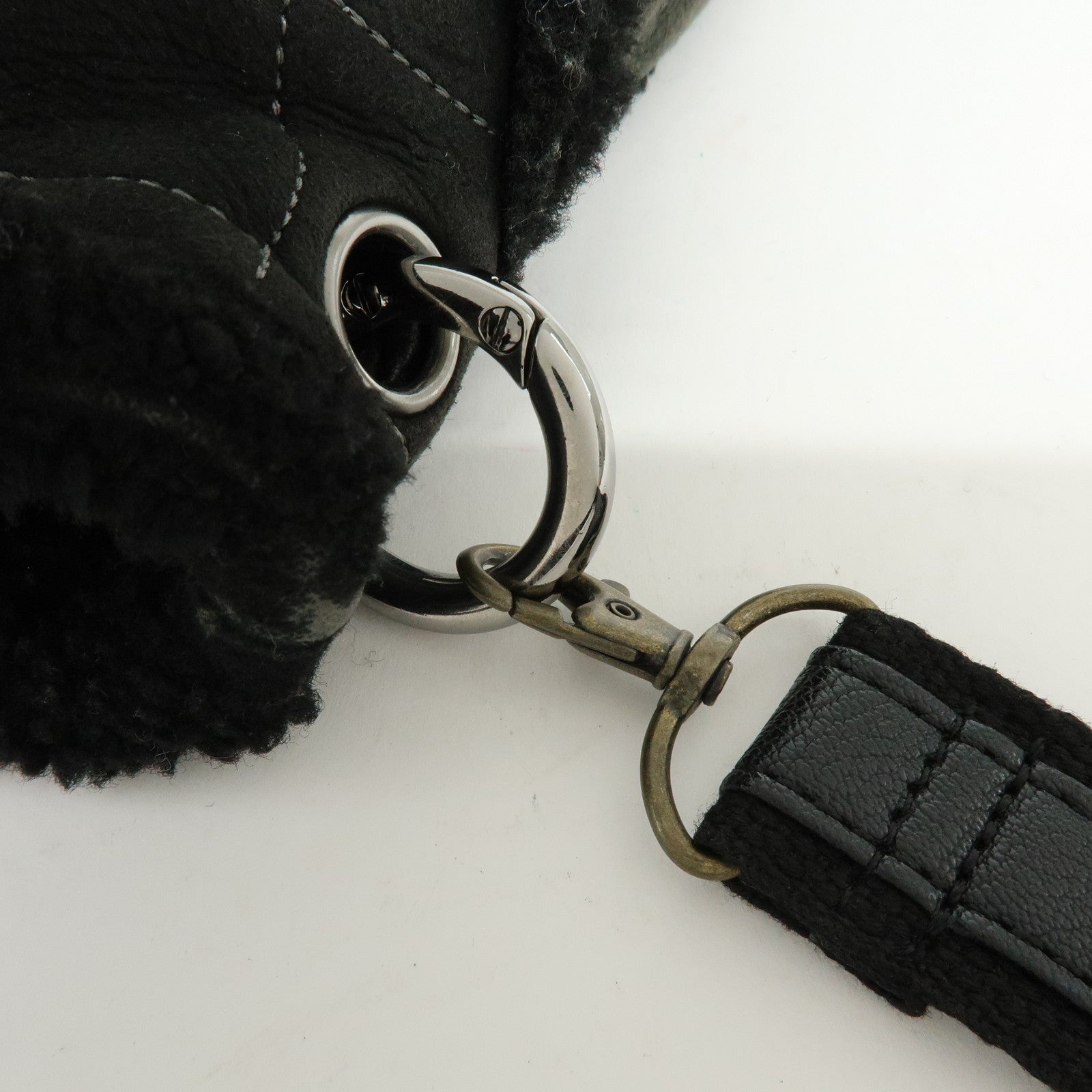 CHANEL Mouton Fur Leather Shoulder Bag with Strap Set Black