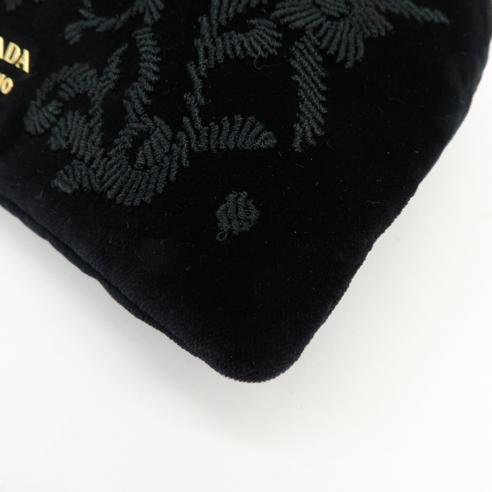 PRADA Logo Velvet Leather Drawstring Pouch Embroidery Black 1MU001