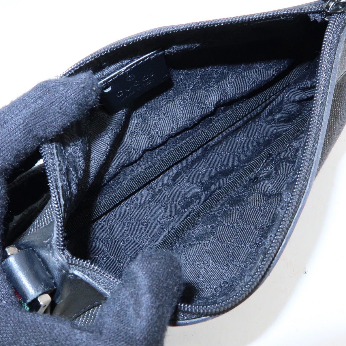 GUCCI Sherry Accessory Pouch Denim Canvas Leather Hand Bag Black 92820