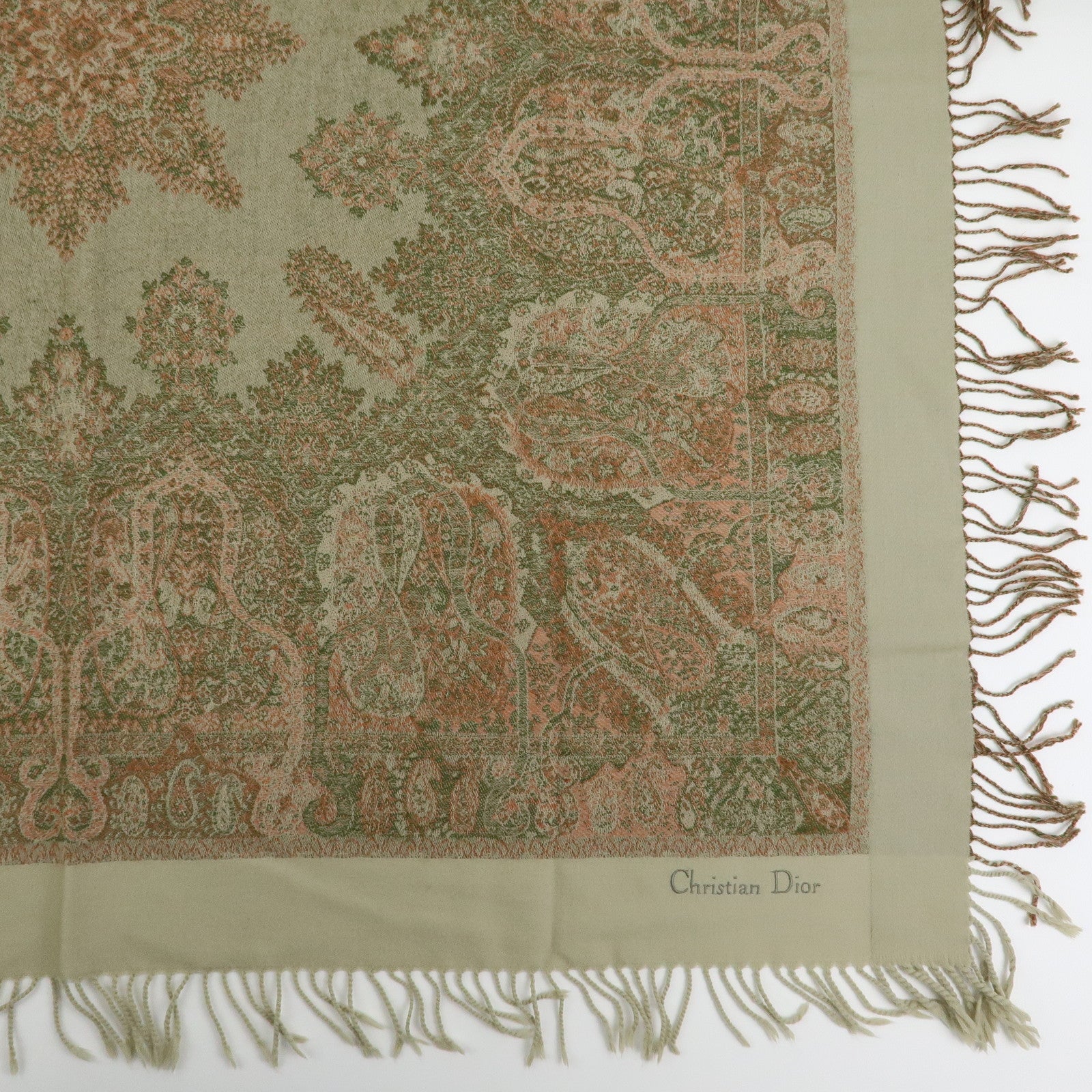 Christian Dior Wool 100% Scarf Paisley Stole Green Coral