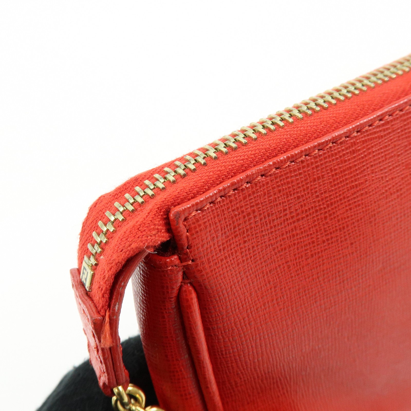 FENDI Embossed Leather Chain Accessary Pouch Hand Bag Red 8M0271