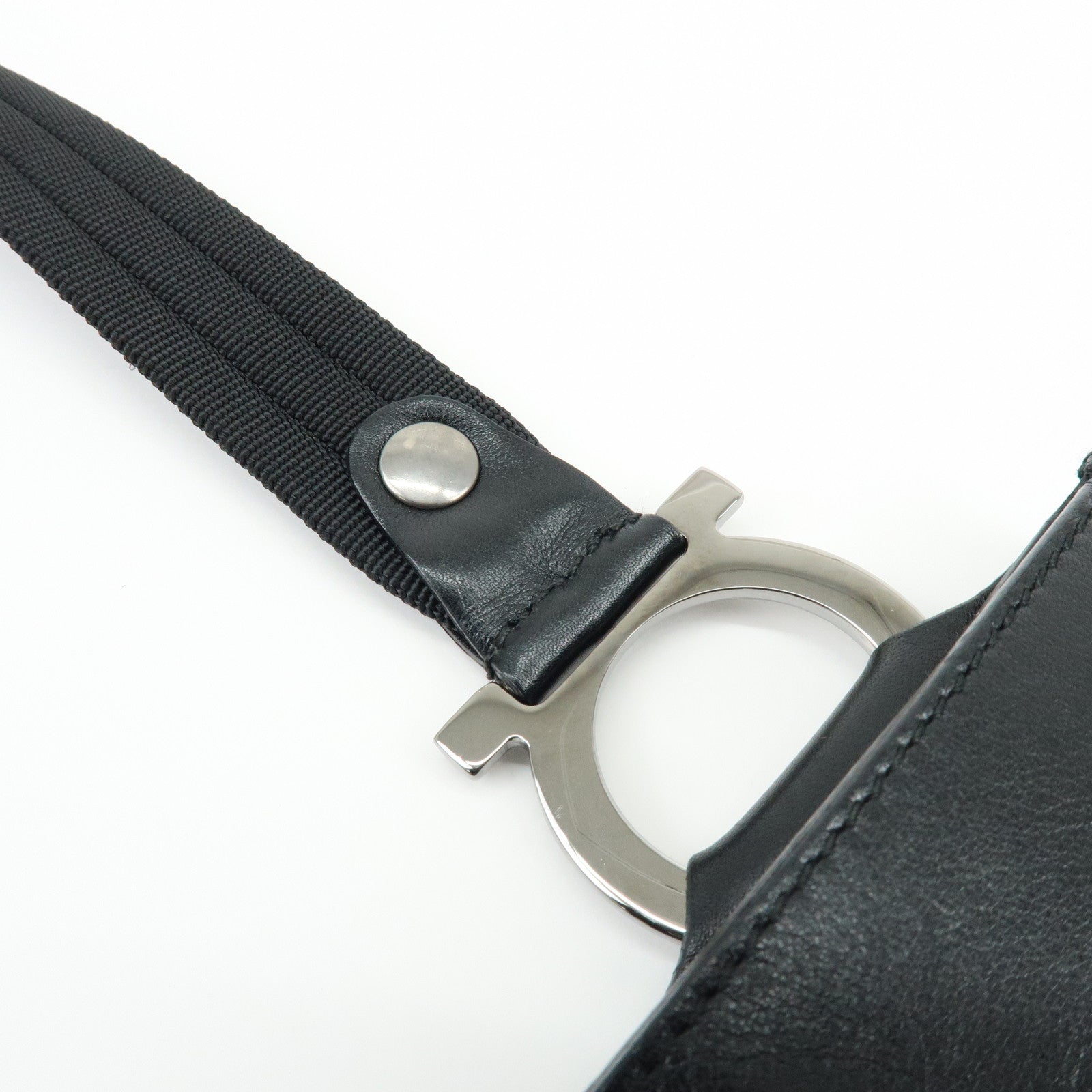 Ferragamo Gancini Canvas Leather Shoulder Bag Crossbody Bag Black