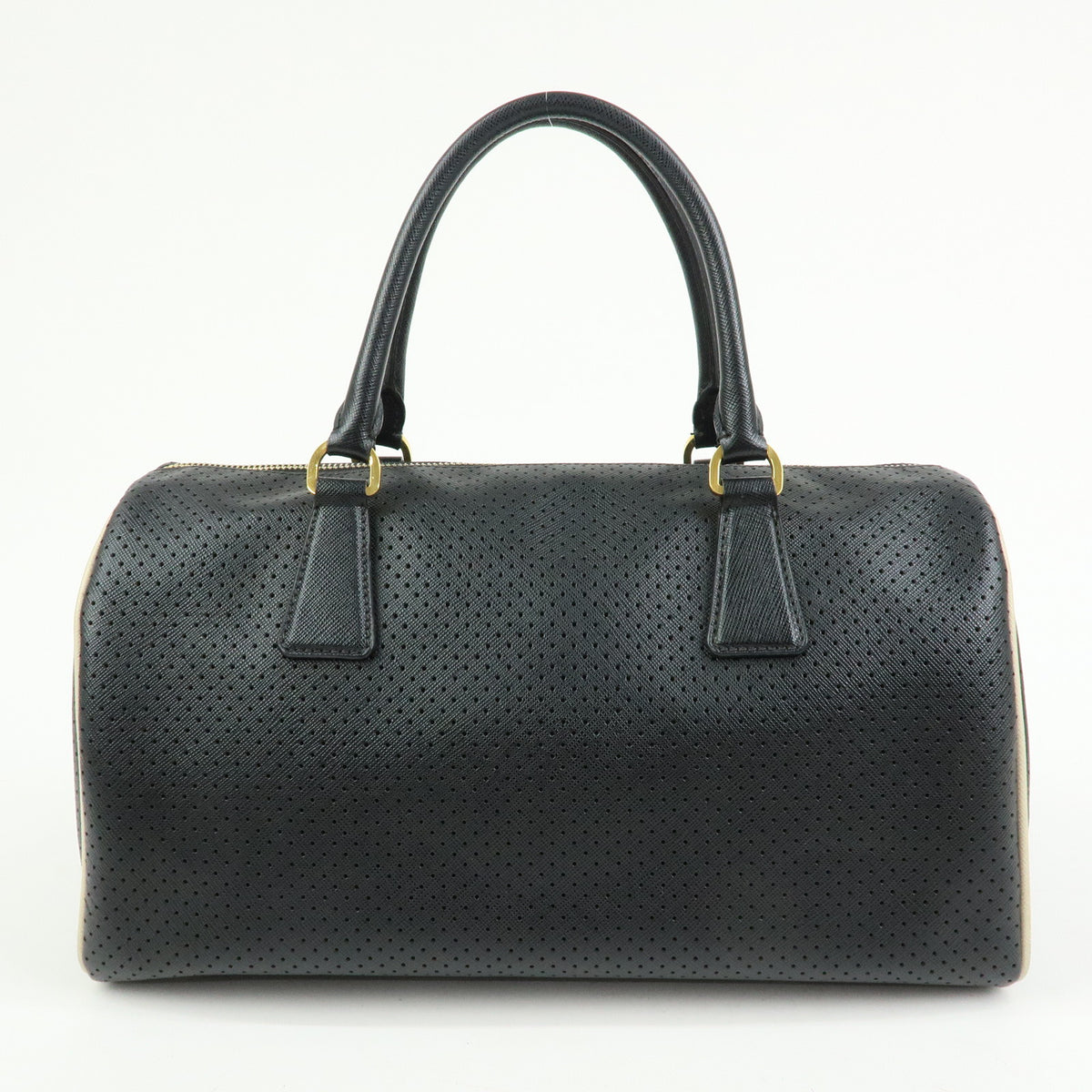 PRADA Triangle Logo Perforated Saffiano Leather 2Way Boston Bag Black