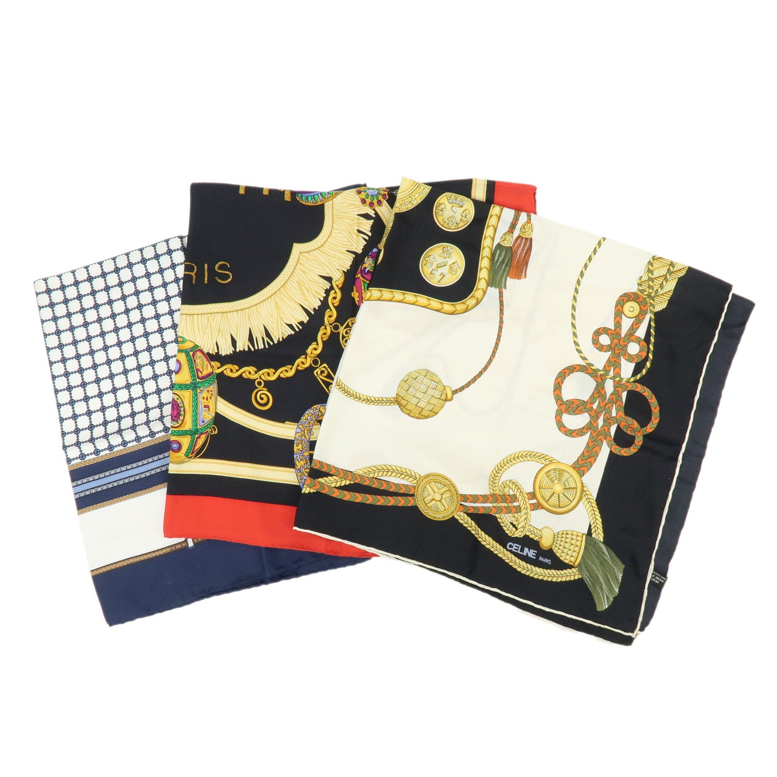 CELINE Lot of 3 Silk 100% Scarf Black Red Navy Gold Green
