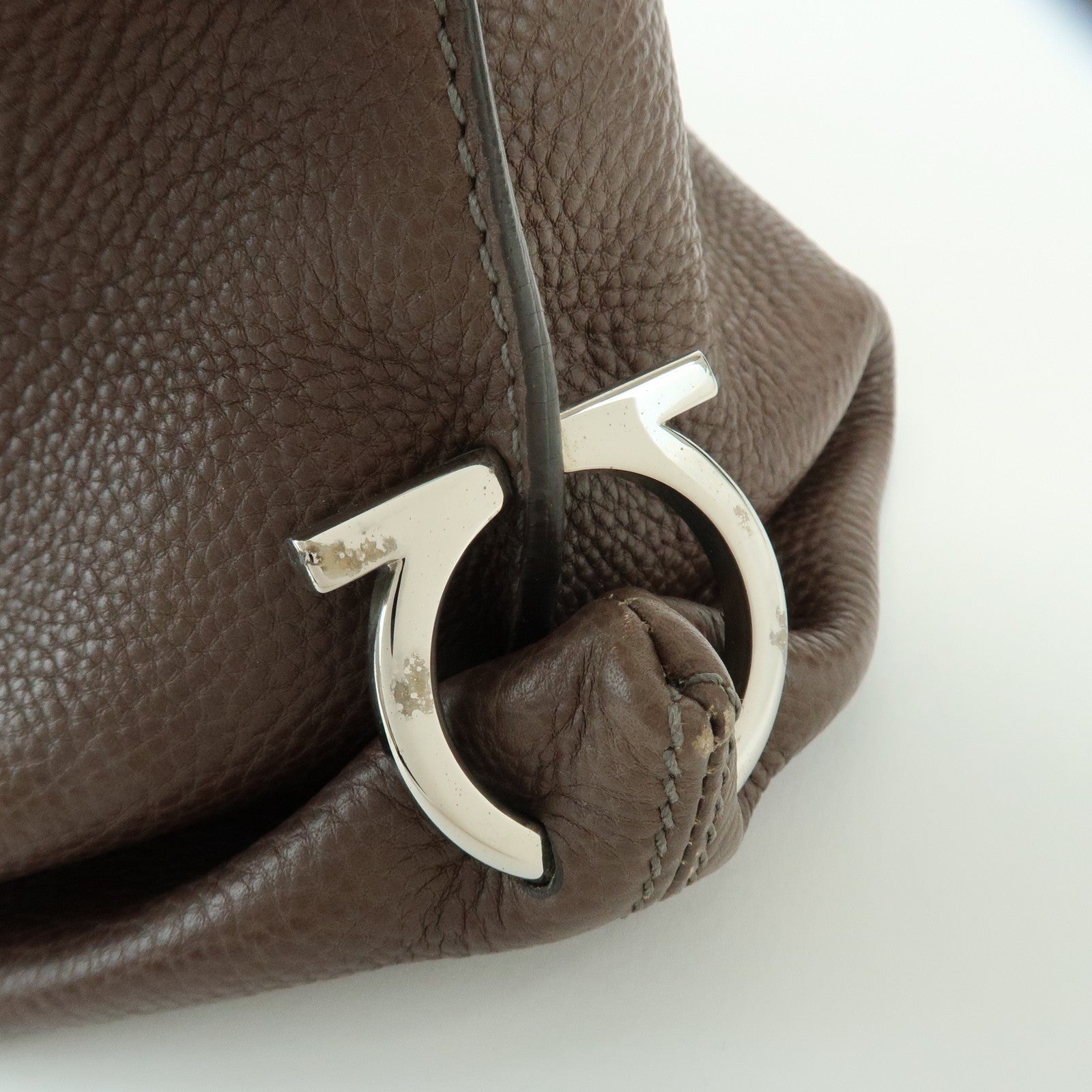 Ferragamo Gancini Leather Top Handle Hand Bag Brown