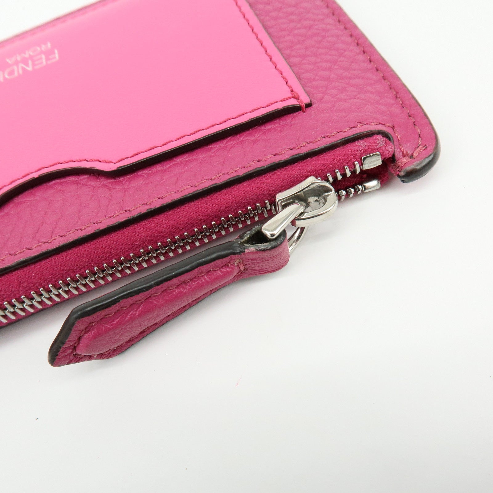 FENDI Logo Selleria Calf Leather Card Case Pink 8M0489