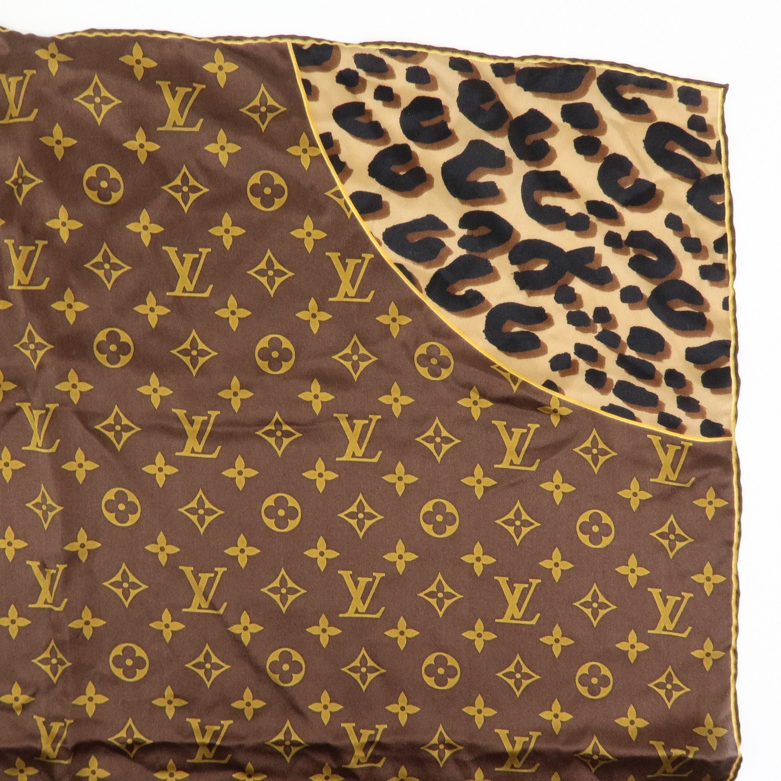 Louis Vuitton Monogram Silk 100% Scarf Shawl Leopard Pattern Brown