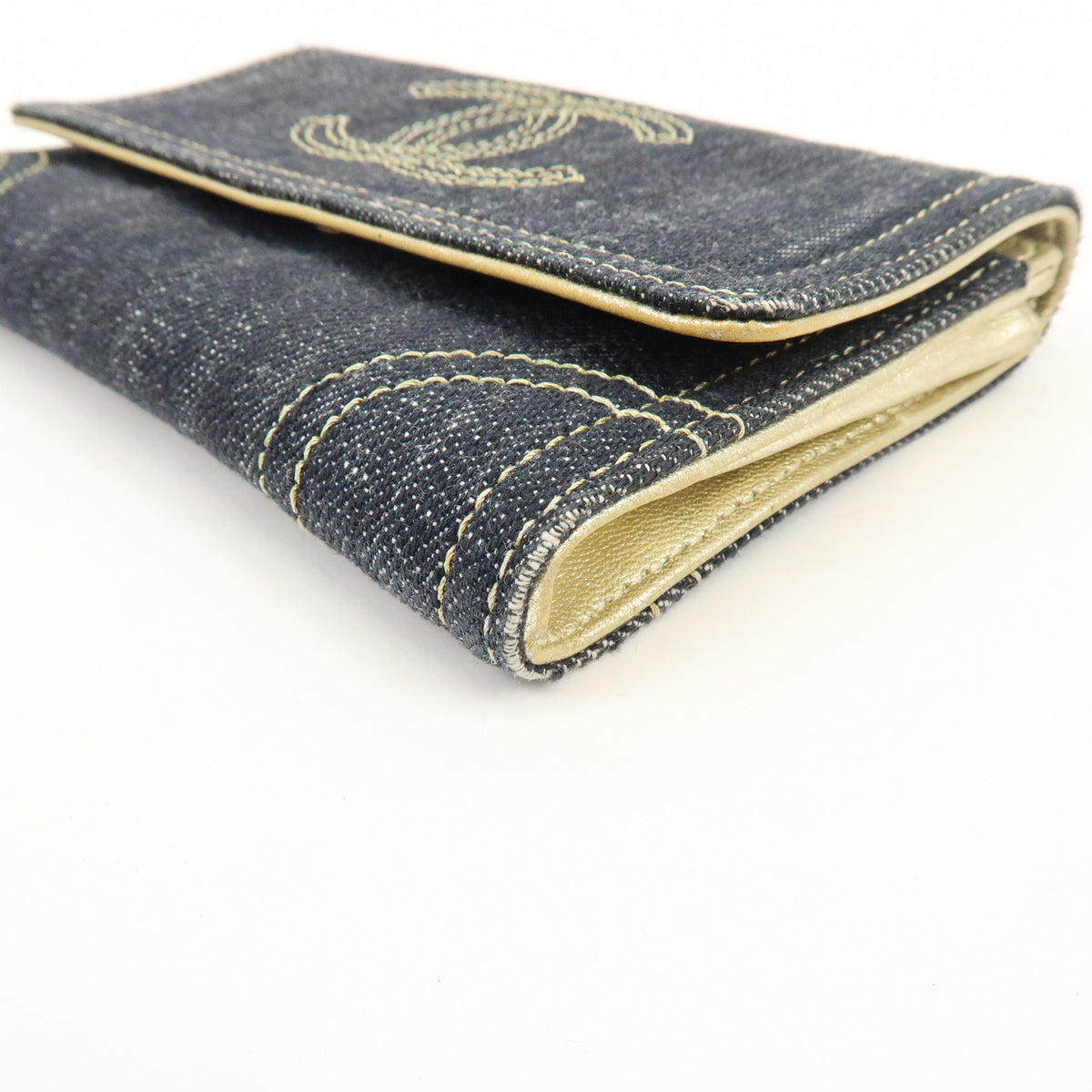 CHANEL COCO Mark Denim Long Wallet Indigo Blue Gold A31991