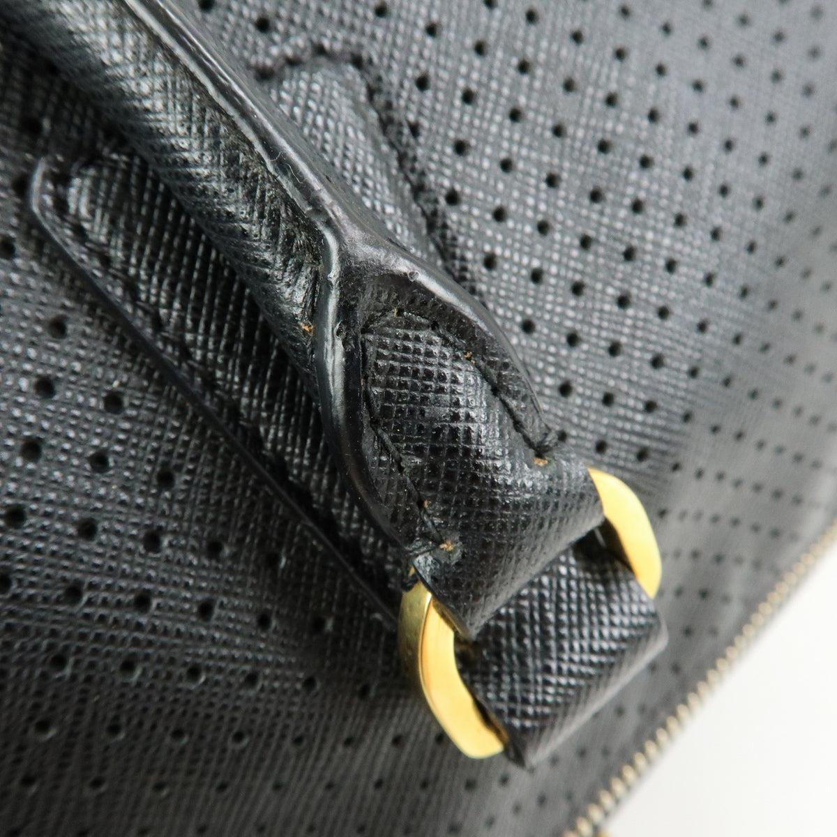 PRADA Triangle Logo Perforated Saffiano Leather 2Way Boston Bag Black