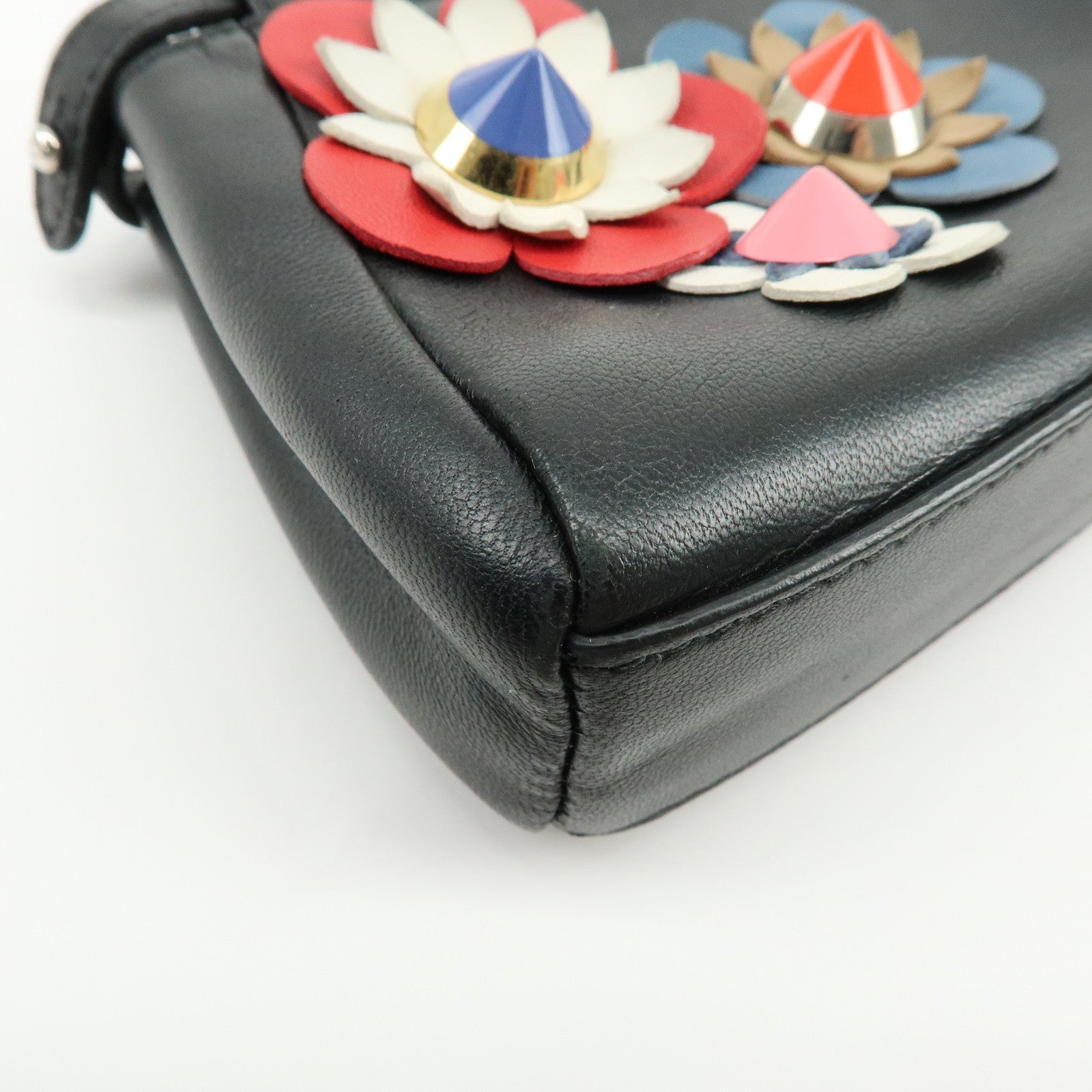 FENDI Micro Peekaboo Leather Flower Motif 2Way Hand Bag Black 8M0355