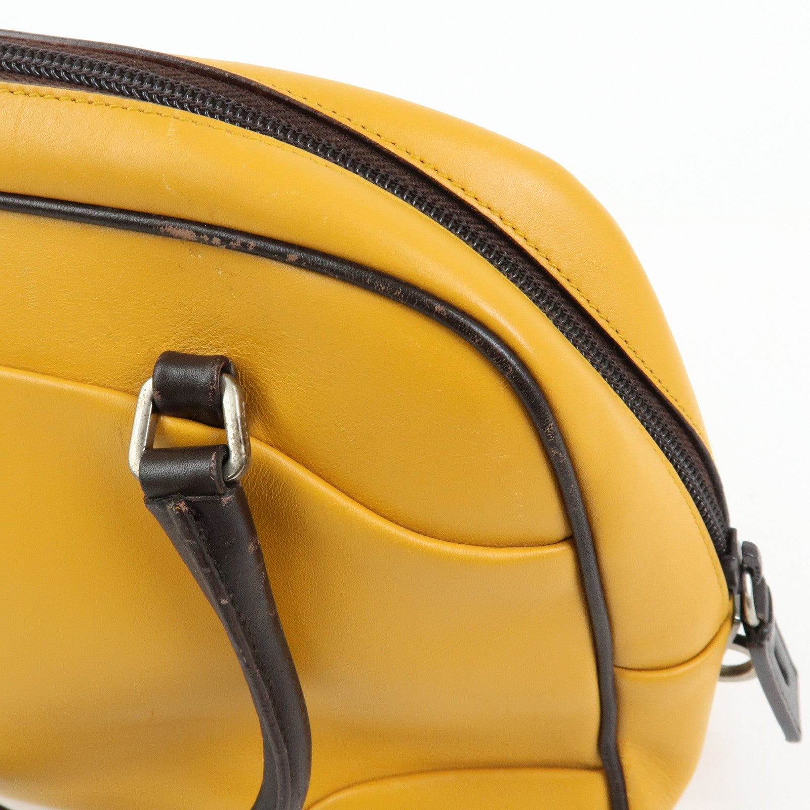 PRADA Leather Bicolor Hand Bag Bowling Bag Yellow Brown