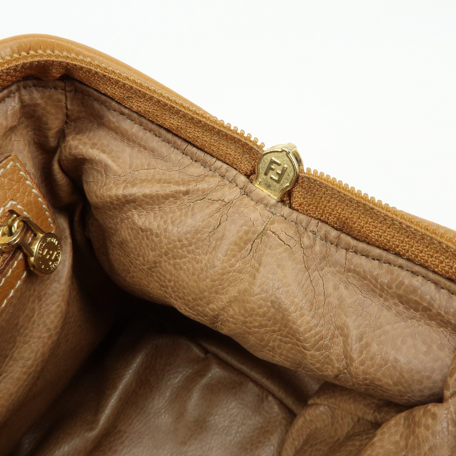 FENDI FF Logo Leather 2Way Bag Hand Bag Boston Bag Camel