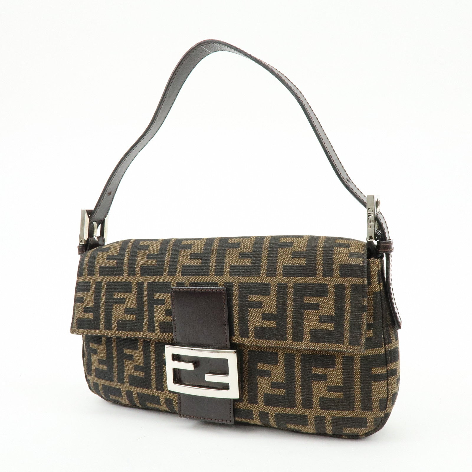 FENDI Mamma Baguette Zucca Canvas Leather Shoulder Bag Brown 26424