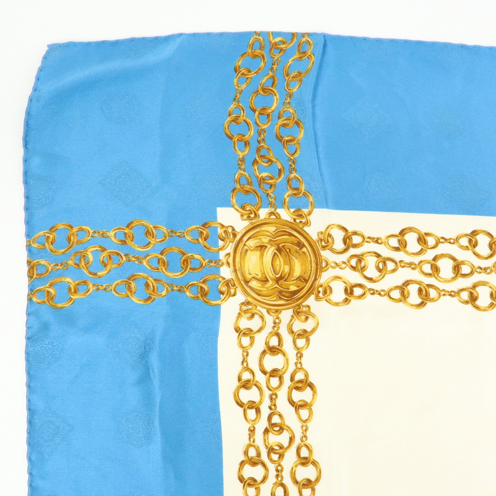 CHANEL Silk 100% Scarf  Gold Chain Motif Light Blue White