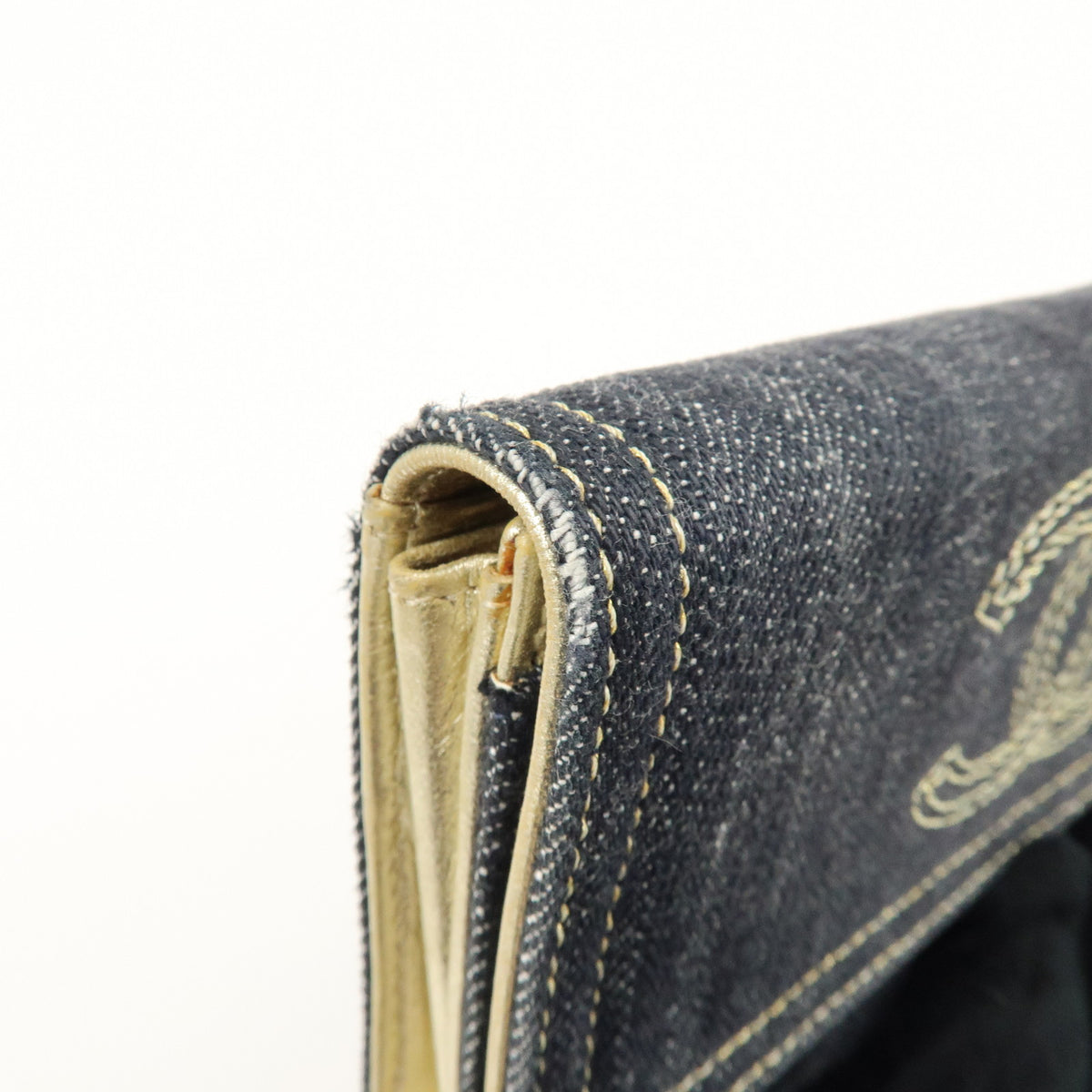 CHANEL COCO Mark Denim Long Wallet Indigo Blue Gold A31991