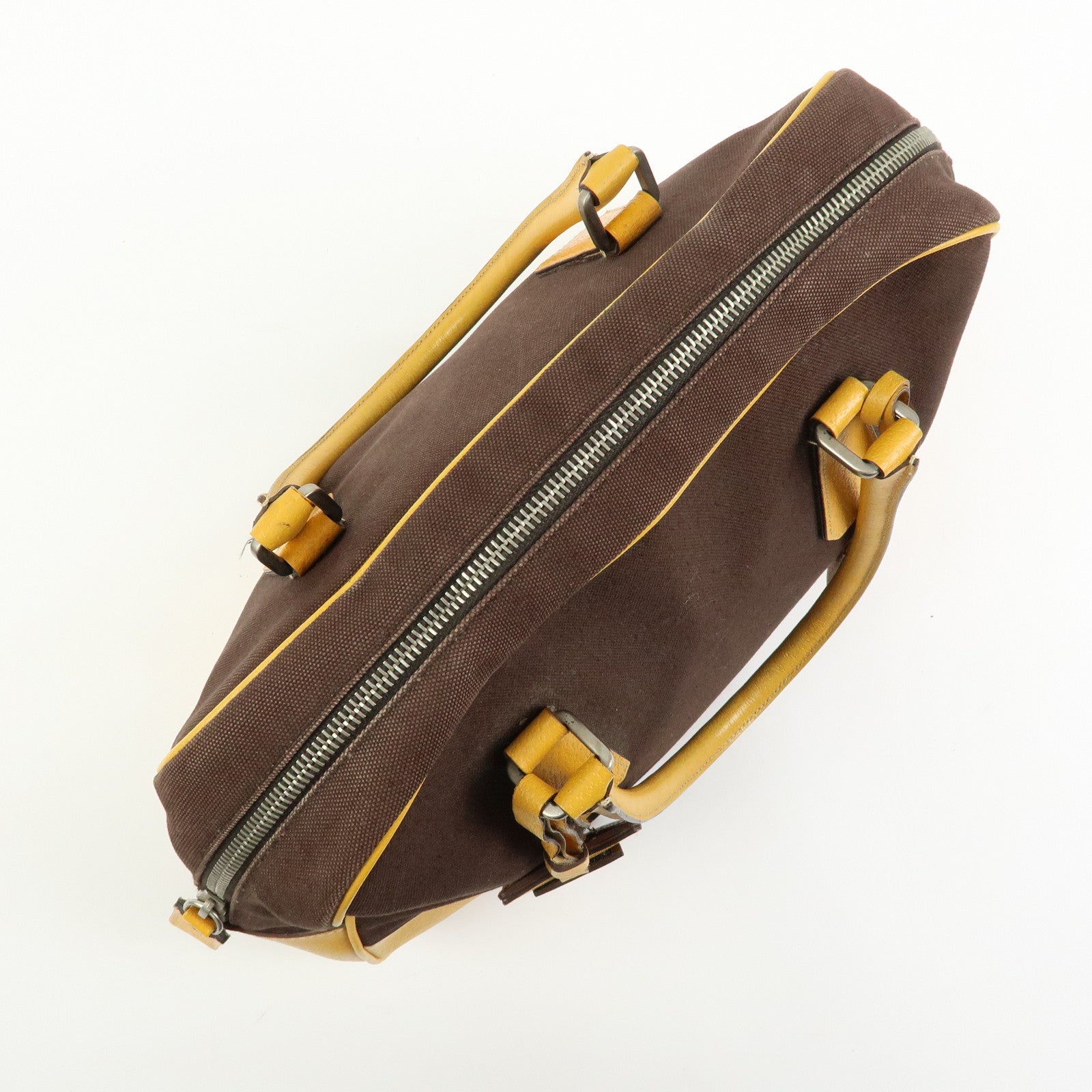PRADA Triangle Logo Canvas Leather Boston Bag Brown Yellow B10813