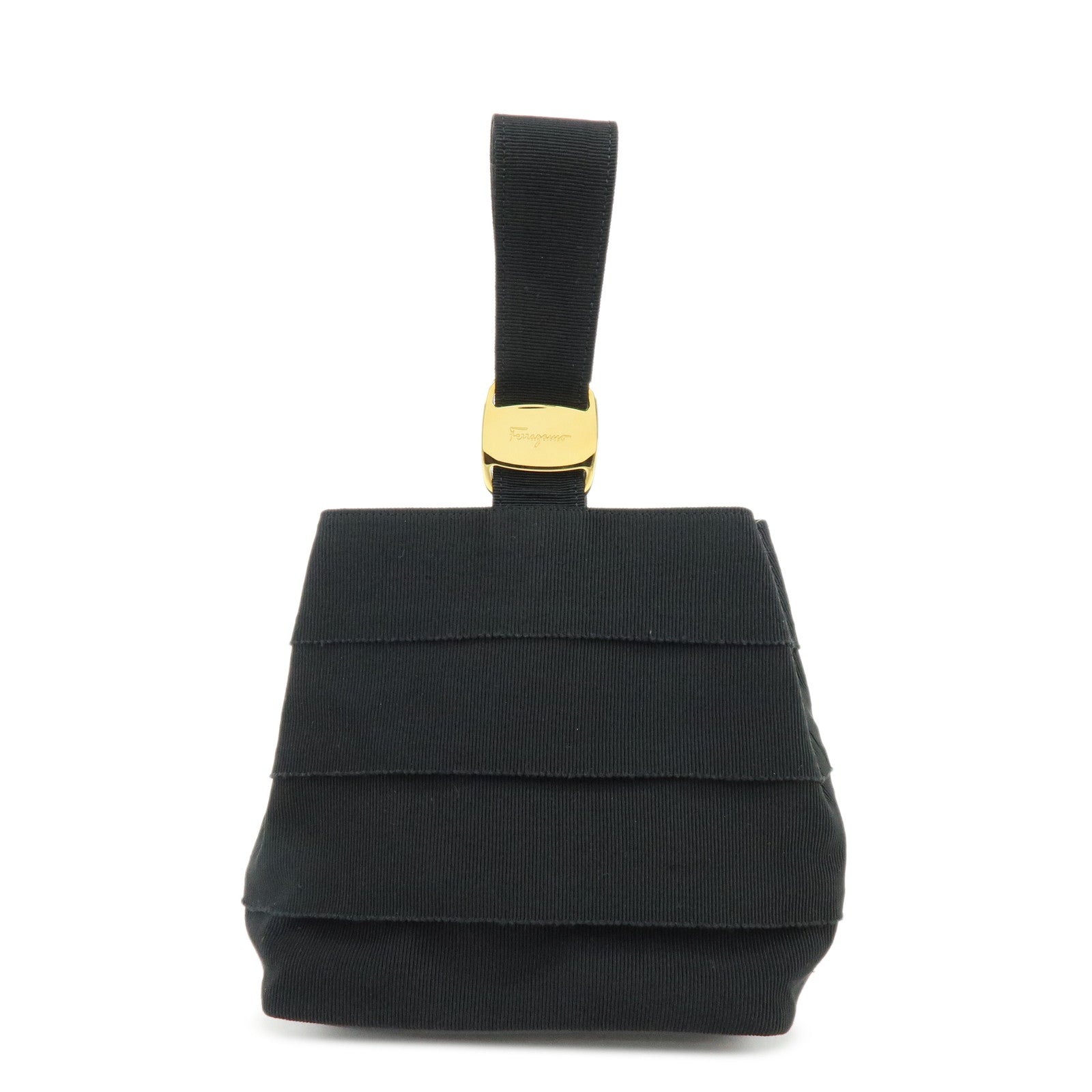 Ferragamo Vara Canvas Leather Tiered Hand Bag Pouch Black