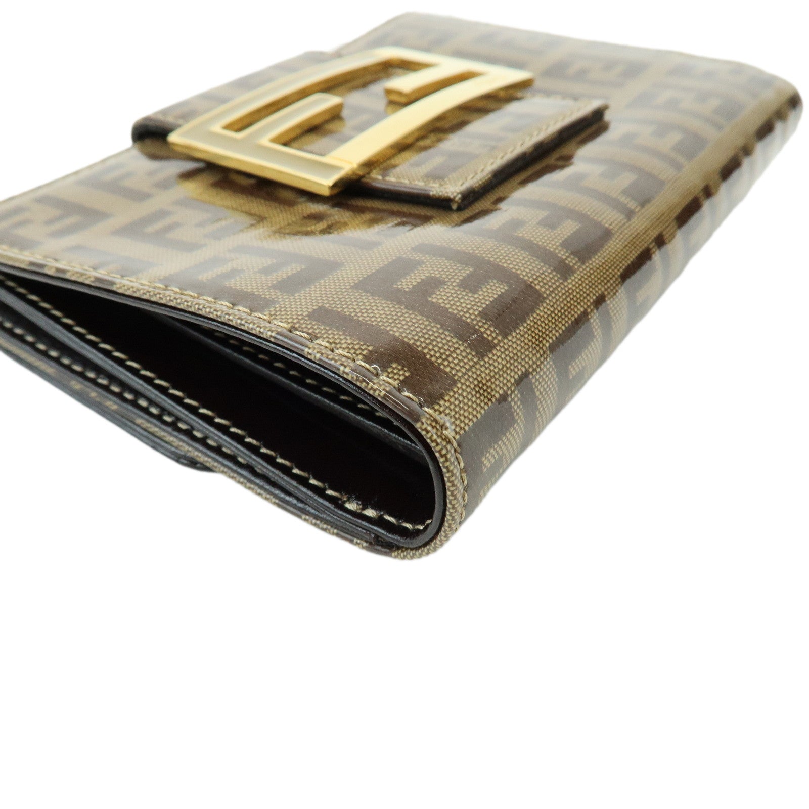 FENDI Zucchino Patent Leather Bi-fold Compact Wallet Beige Brown 16348