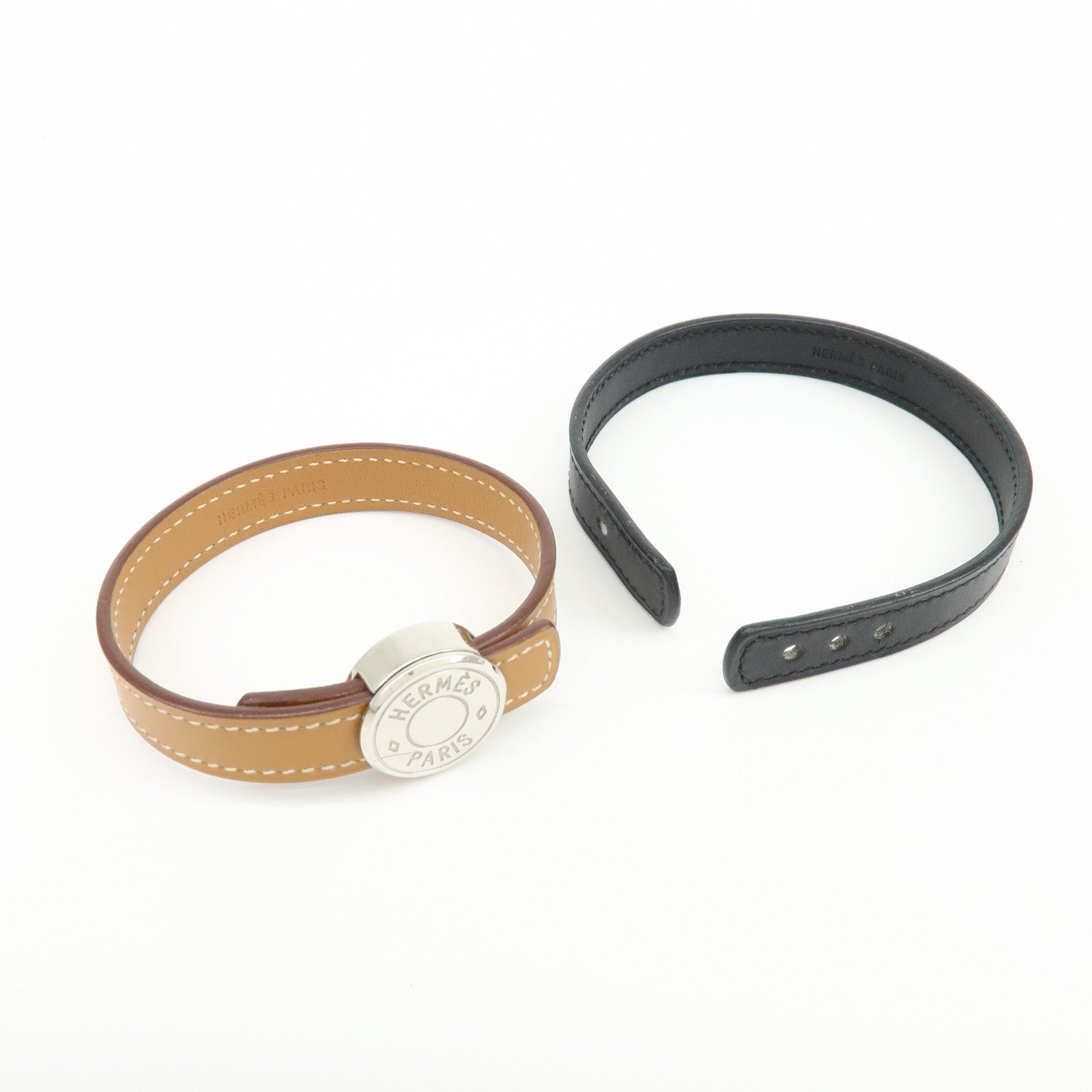 HERMES Serie Looping Leather Metal Bracelet Brown Black Silver