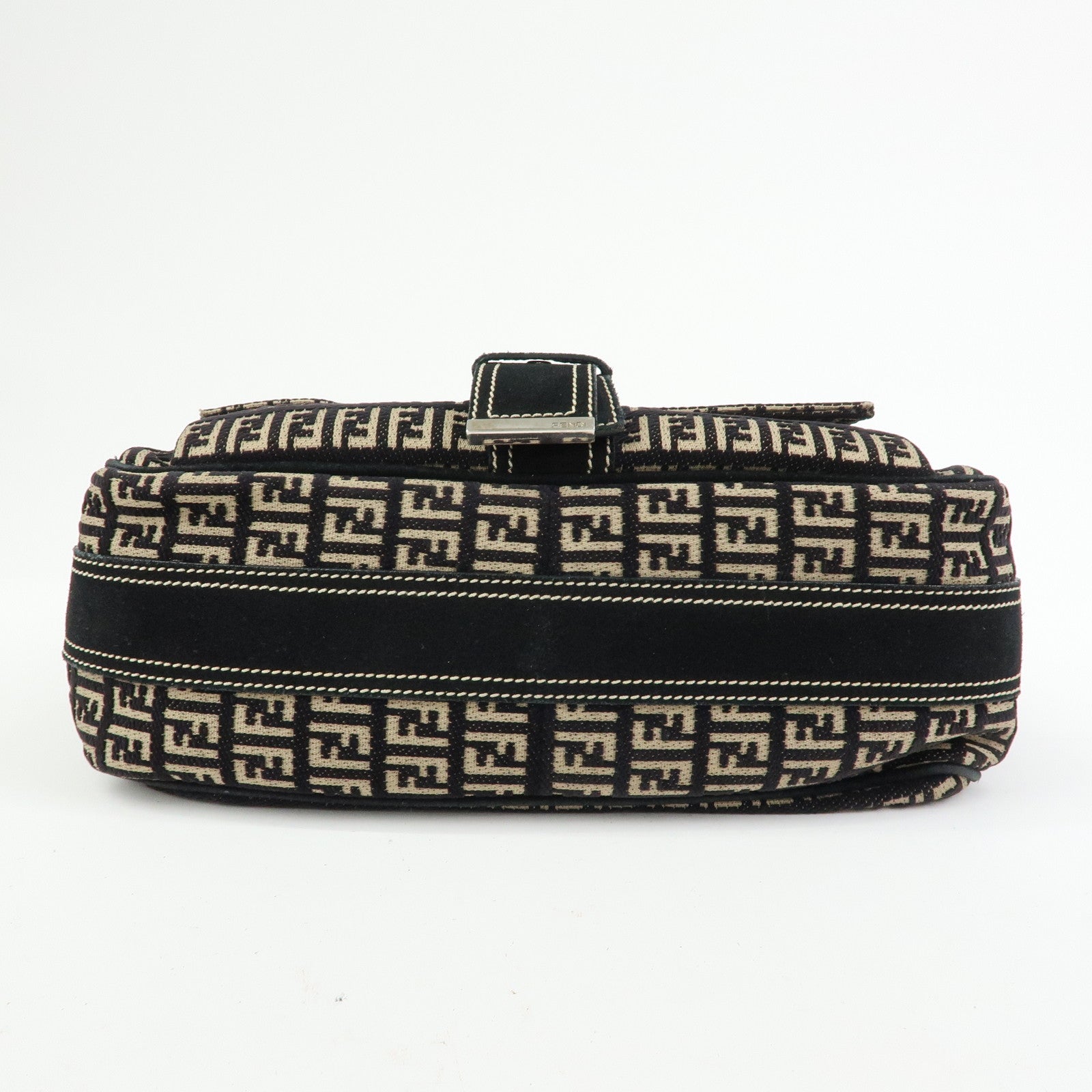 FENDI Zucchino Jacquard Canvas Suede Leather Shoulder Bag Black 8BR098