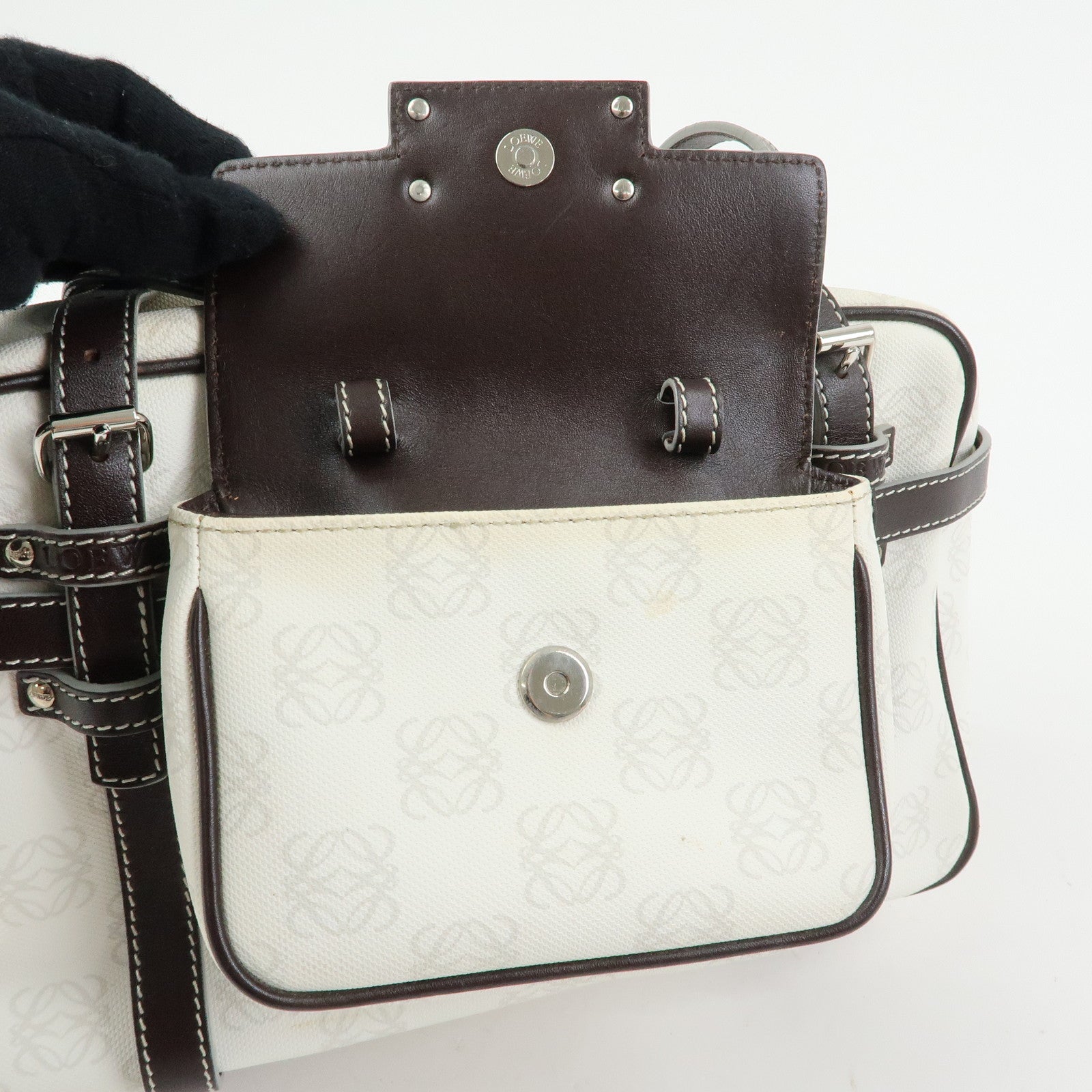 LOEWE Anagram PVC Leather Hand Bag Boston Bag White Dark Brown