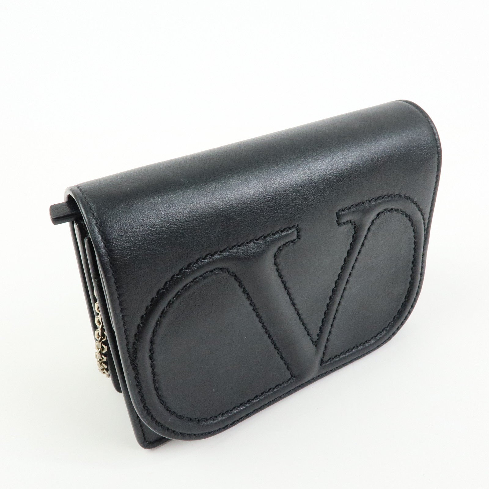 VALENTINO Garavani V Logo Walk Leather Chain Shoulder Hand Bag Black