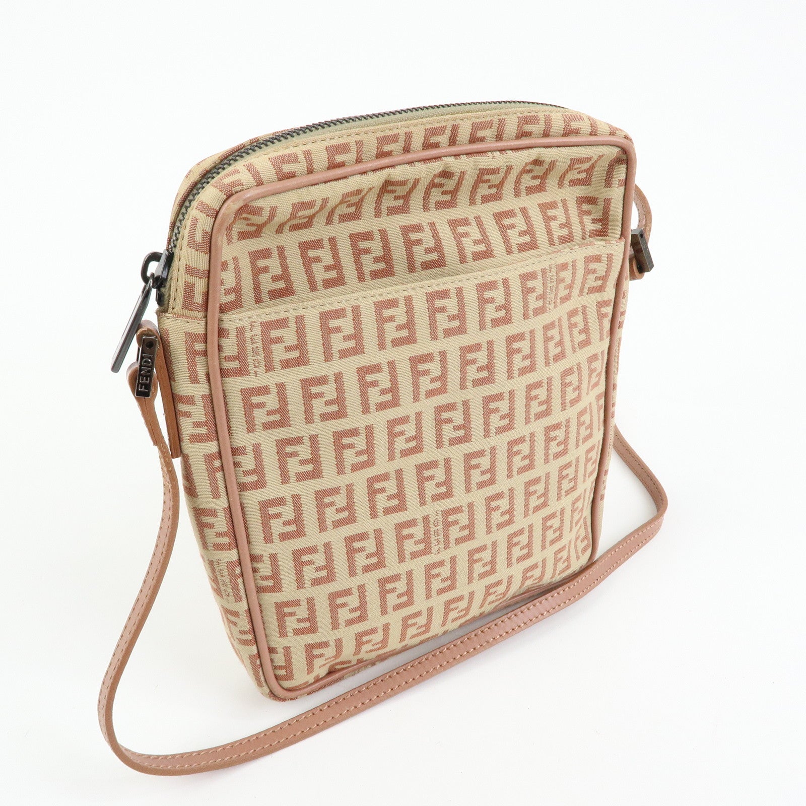 FENDI Zucchino Canvas Leather Shoulder Crossbody Bag Beige Pink 8BT053
