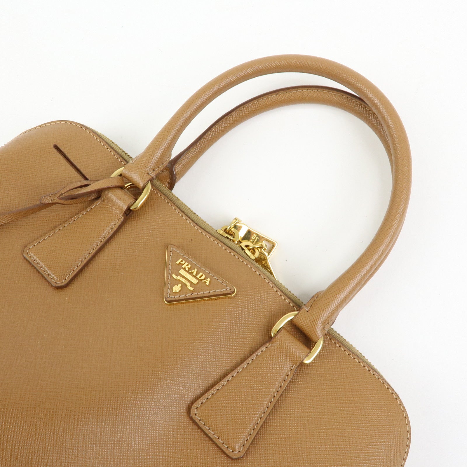 PRADA Triangle Logo Saffiano Leather Hand Bag Camel BL0837