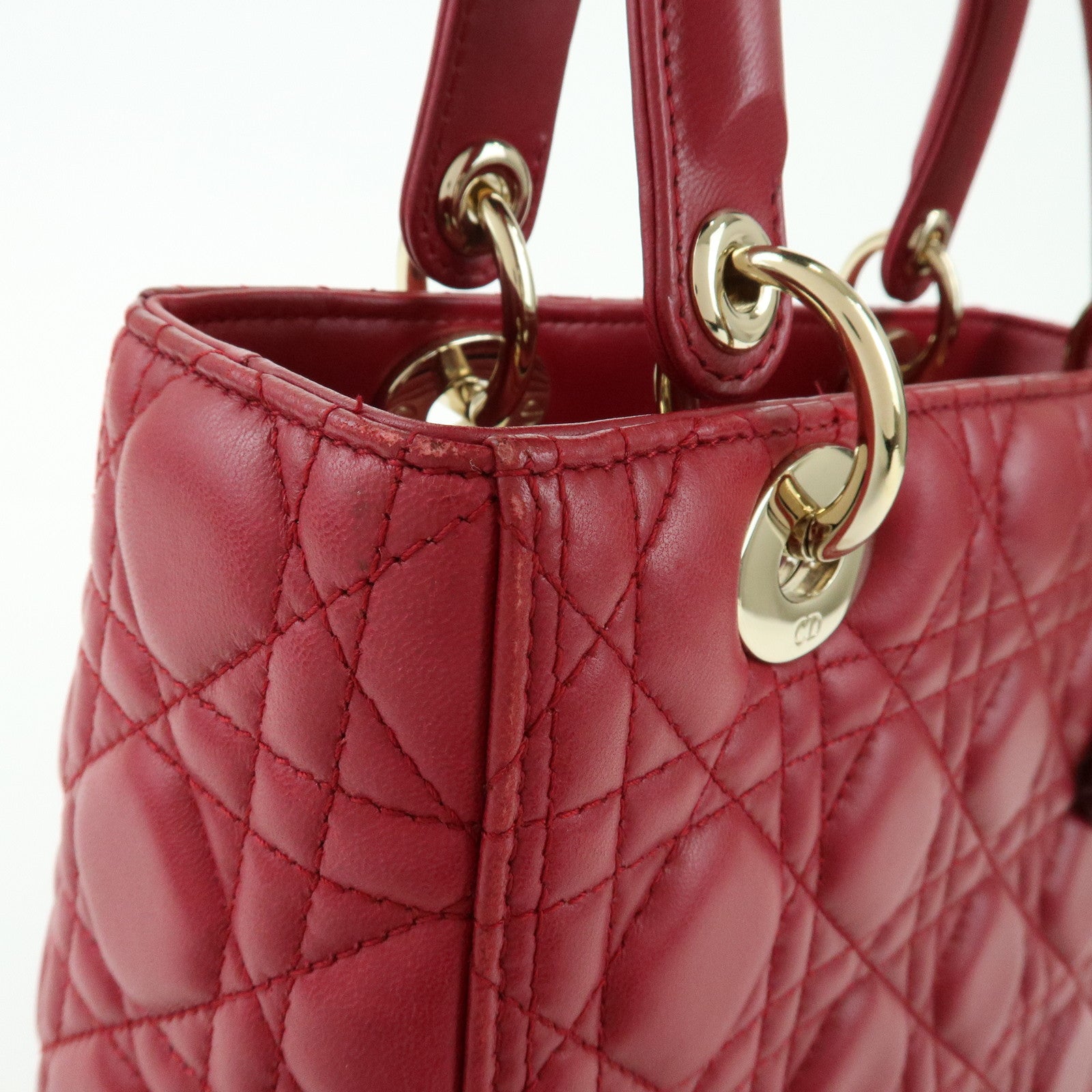 Christian Dior Lady Dior Cannage Lamb Skin Hand Bag Red