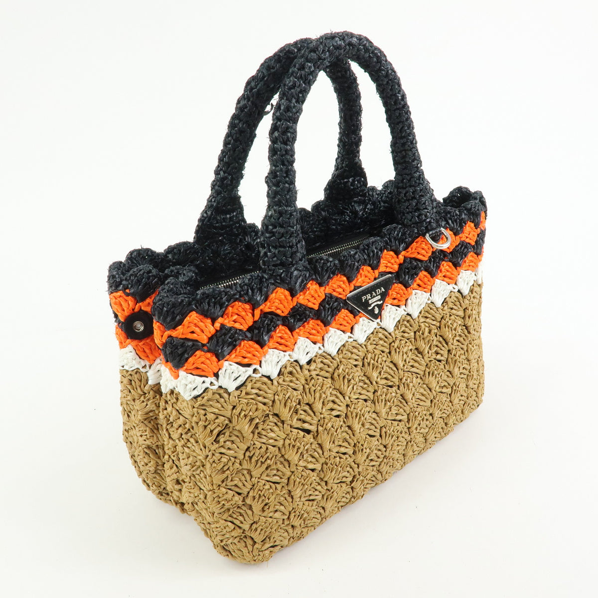 PRADA Triangle Logo Raffia 2Way Bag Tote Bag Beige Orange Black 1BG889