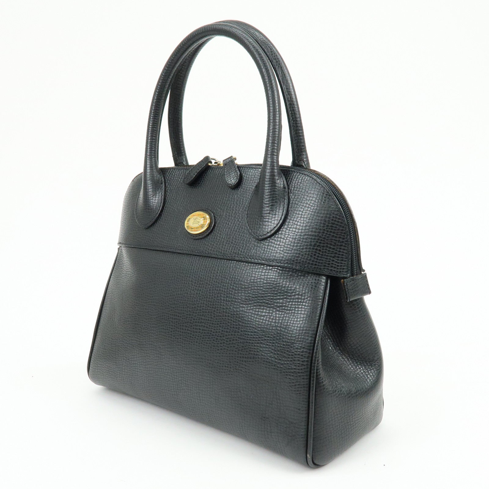 BURBERRY Embossed Leather Hand Bag Boston Bag Black