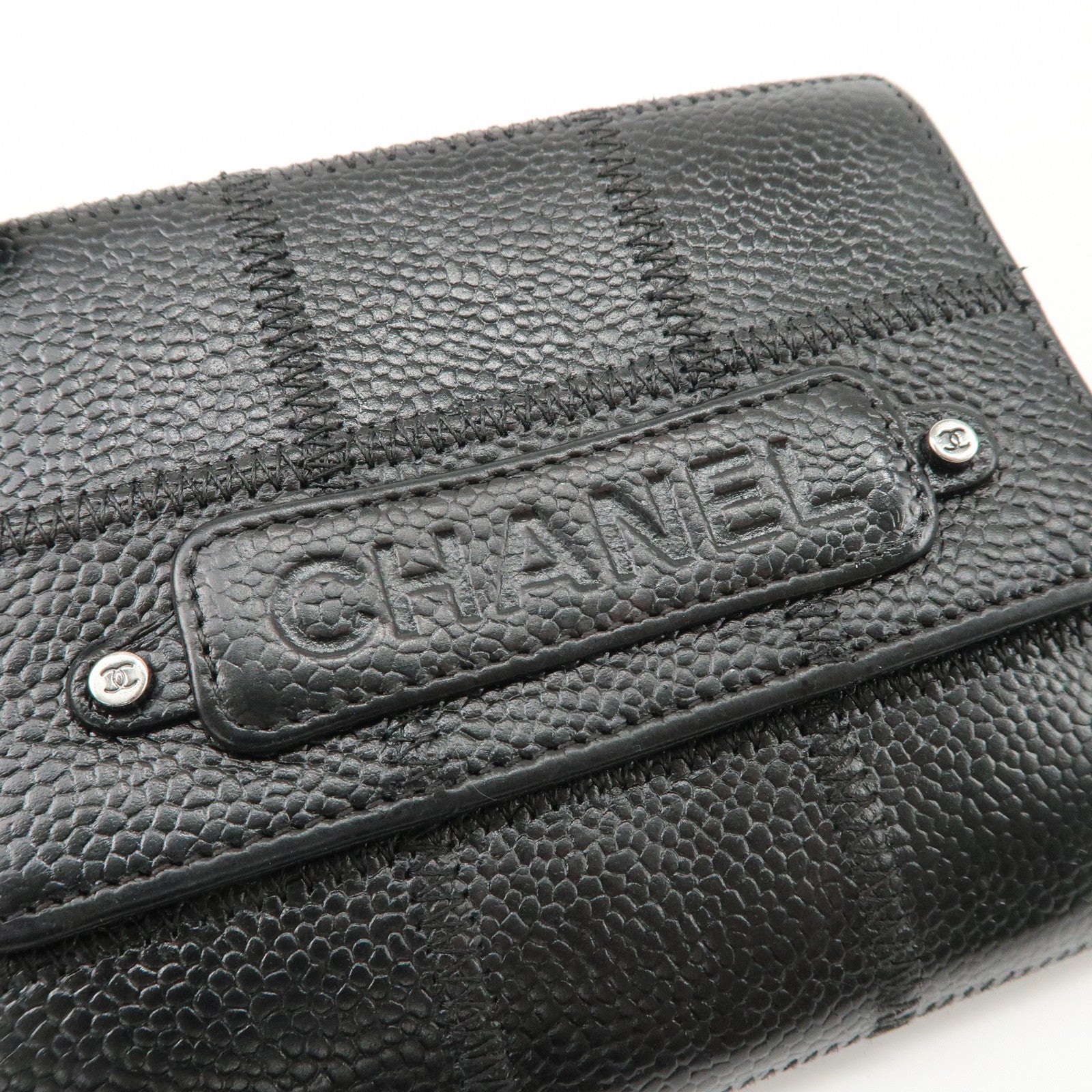 CHANEL Chocolate Bar Caviarskin W Hook Small Wallet Black Used