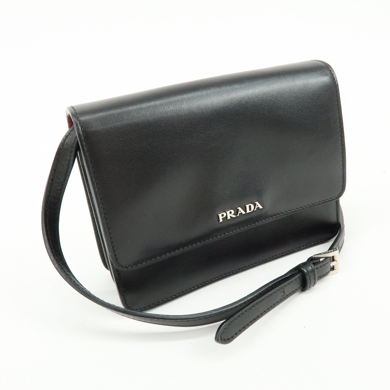 PRADA Leather 2Way Mini Shoulder Crossbody Bag Clutch Bag Black BT1031