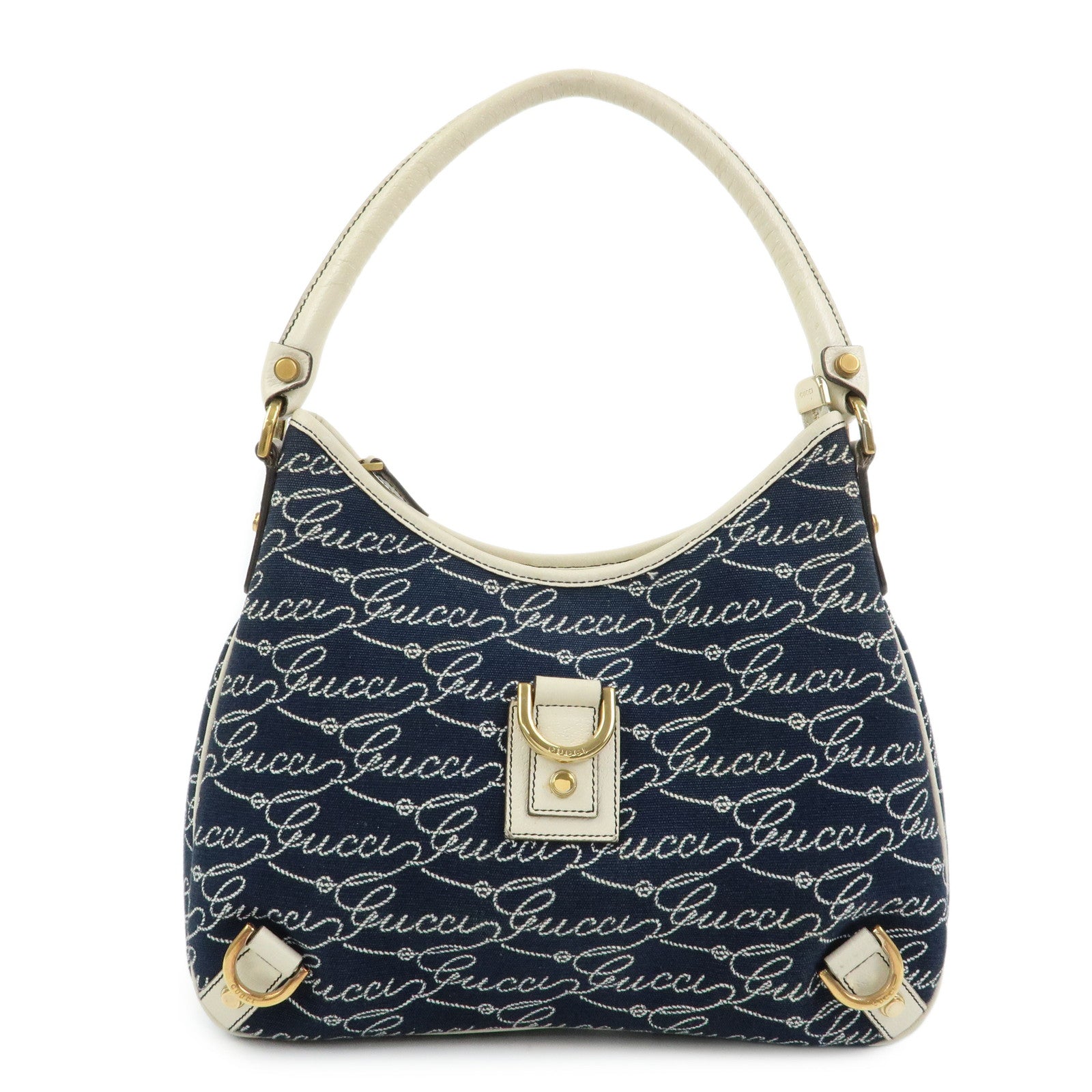 GUCCI Abbey Canvas Leather Shoulder Bag Hand Bag Navy White 130738