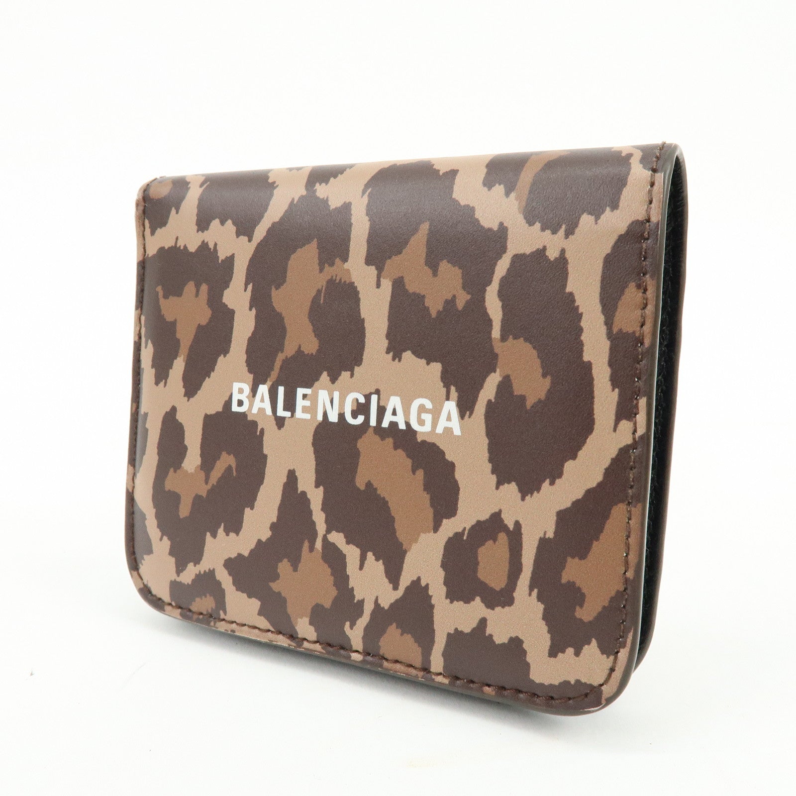 Balenciaga Leather Bi-Fold Compact Wallet Leopard Motif Brown