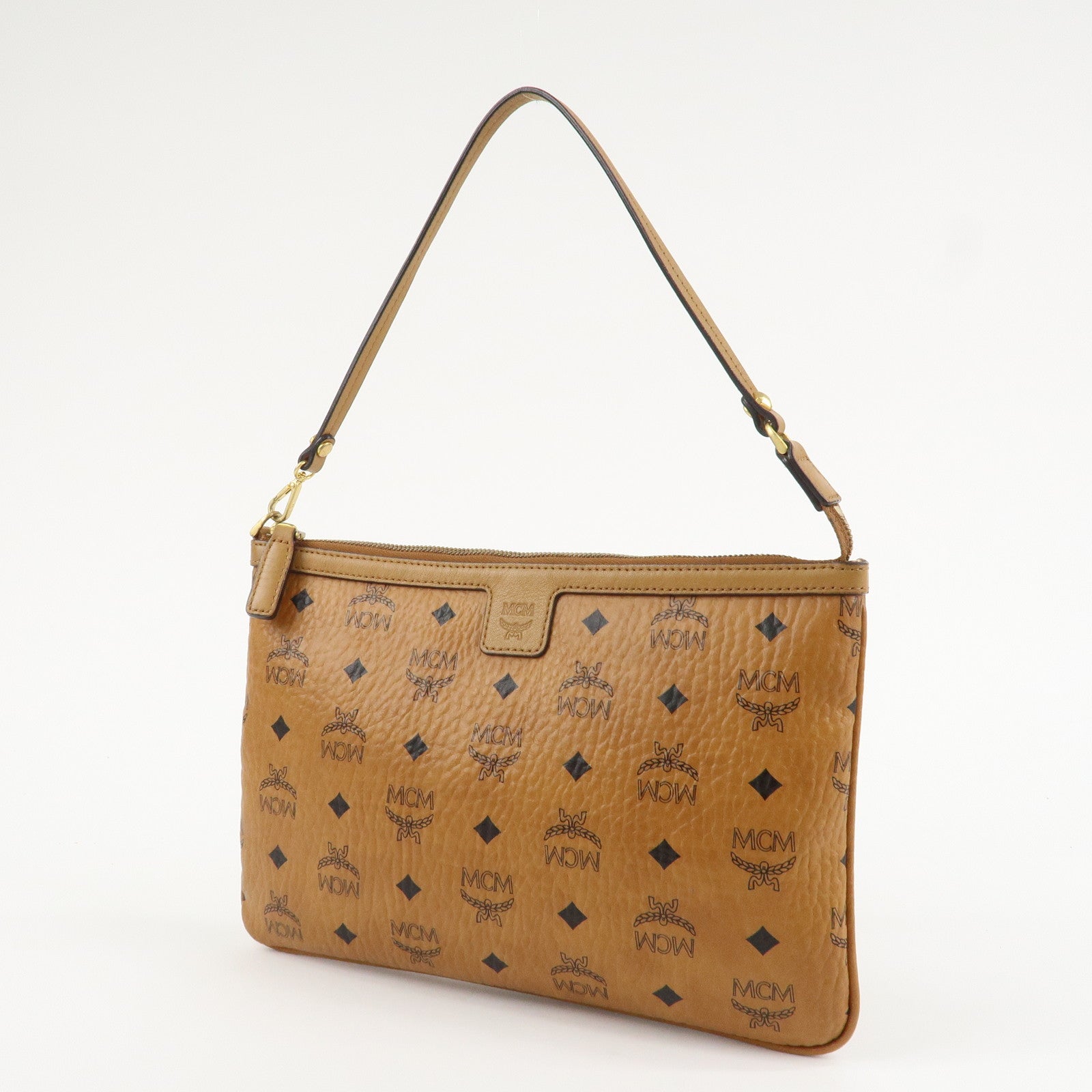 MCM Visetos Leather Shoulder Bag Clutch Bag Hand Bag Brown Used