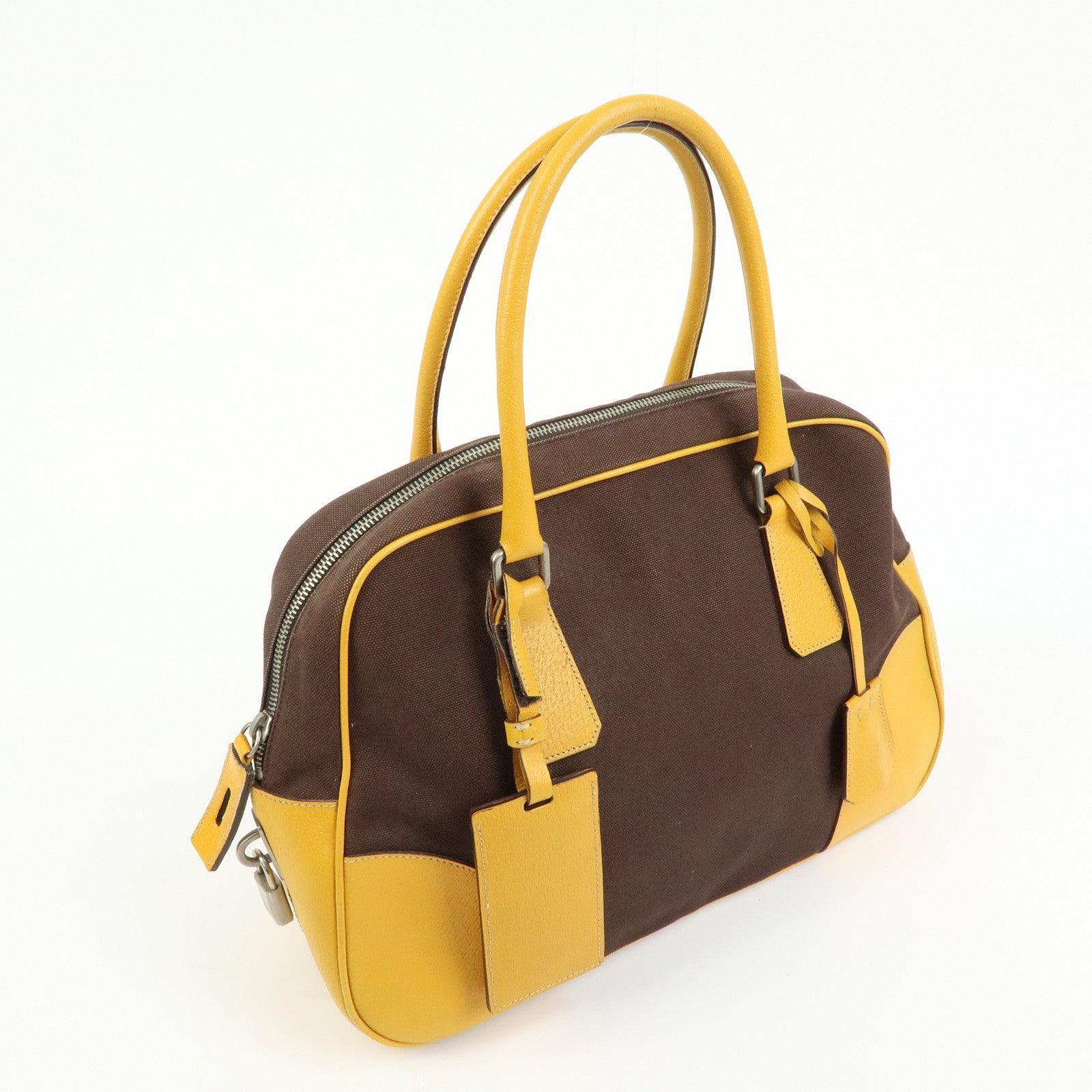 PRADA Triangle Logo Canvas Leather Boston Bag Brown Yellow B10813