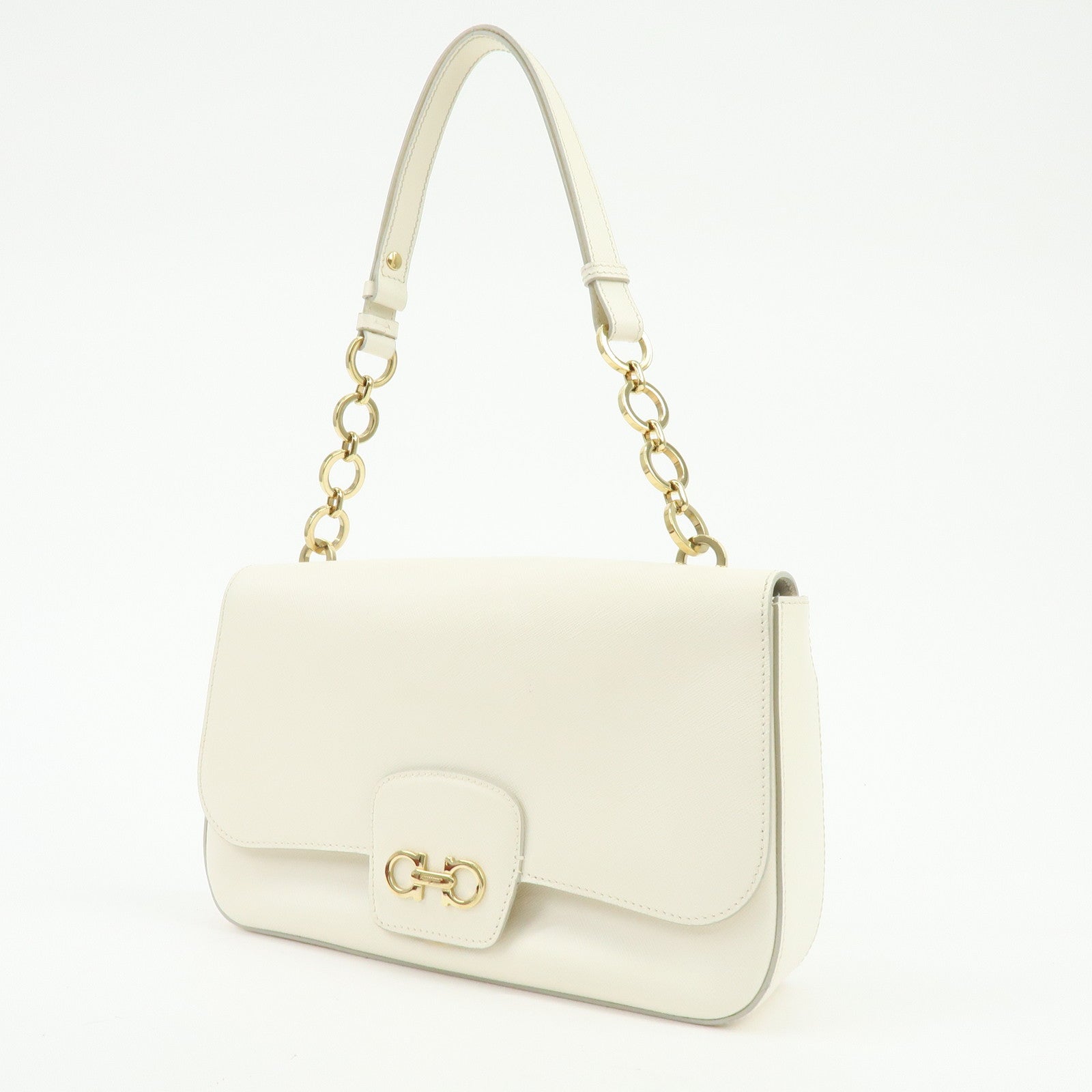 Ferragamo Gancini Leather Chain Shoulder Bag Hand Bag Ivory