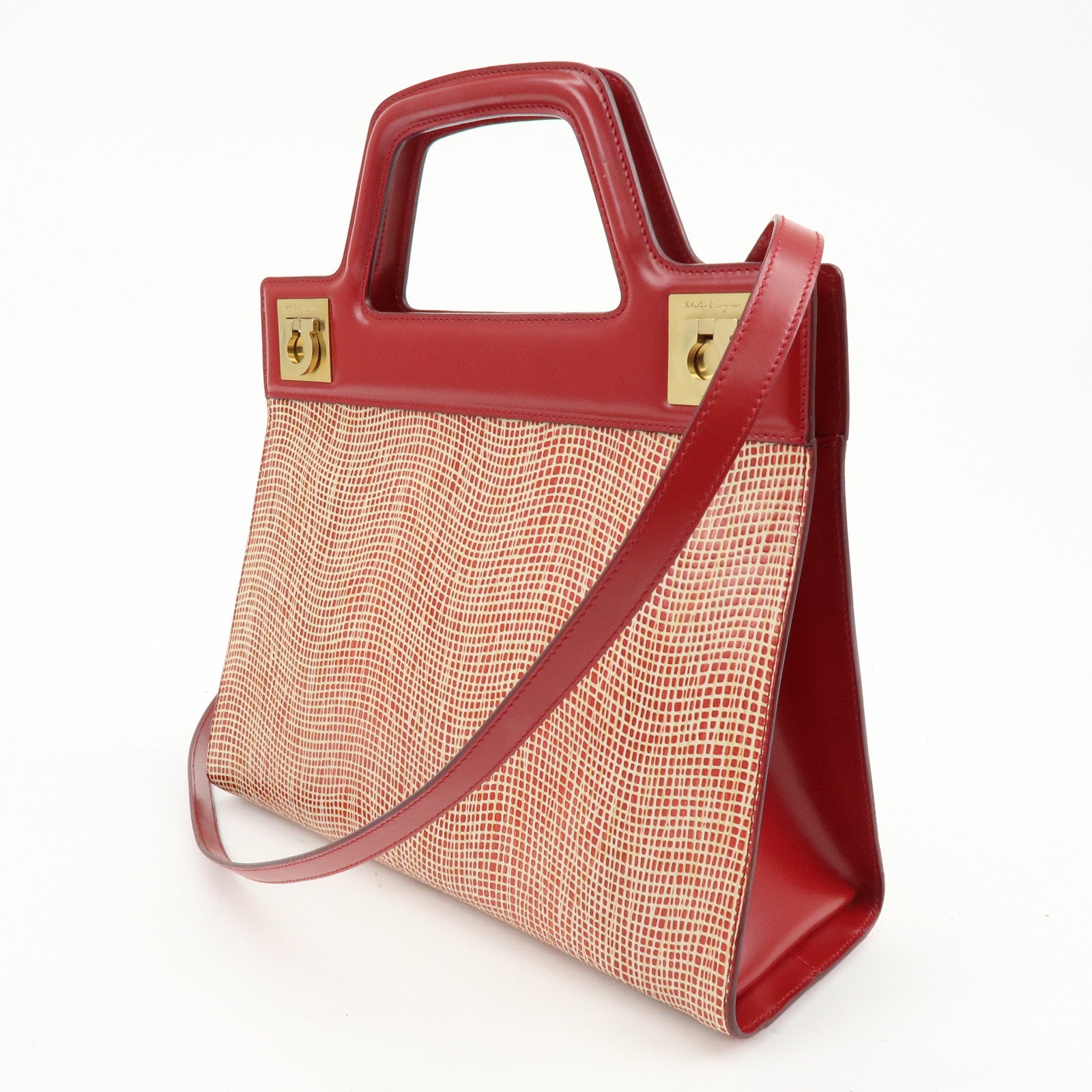 Ferragamo Gancini Leather 2Way Bag Hand Bag Shoulder Bag Red