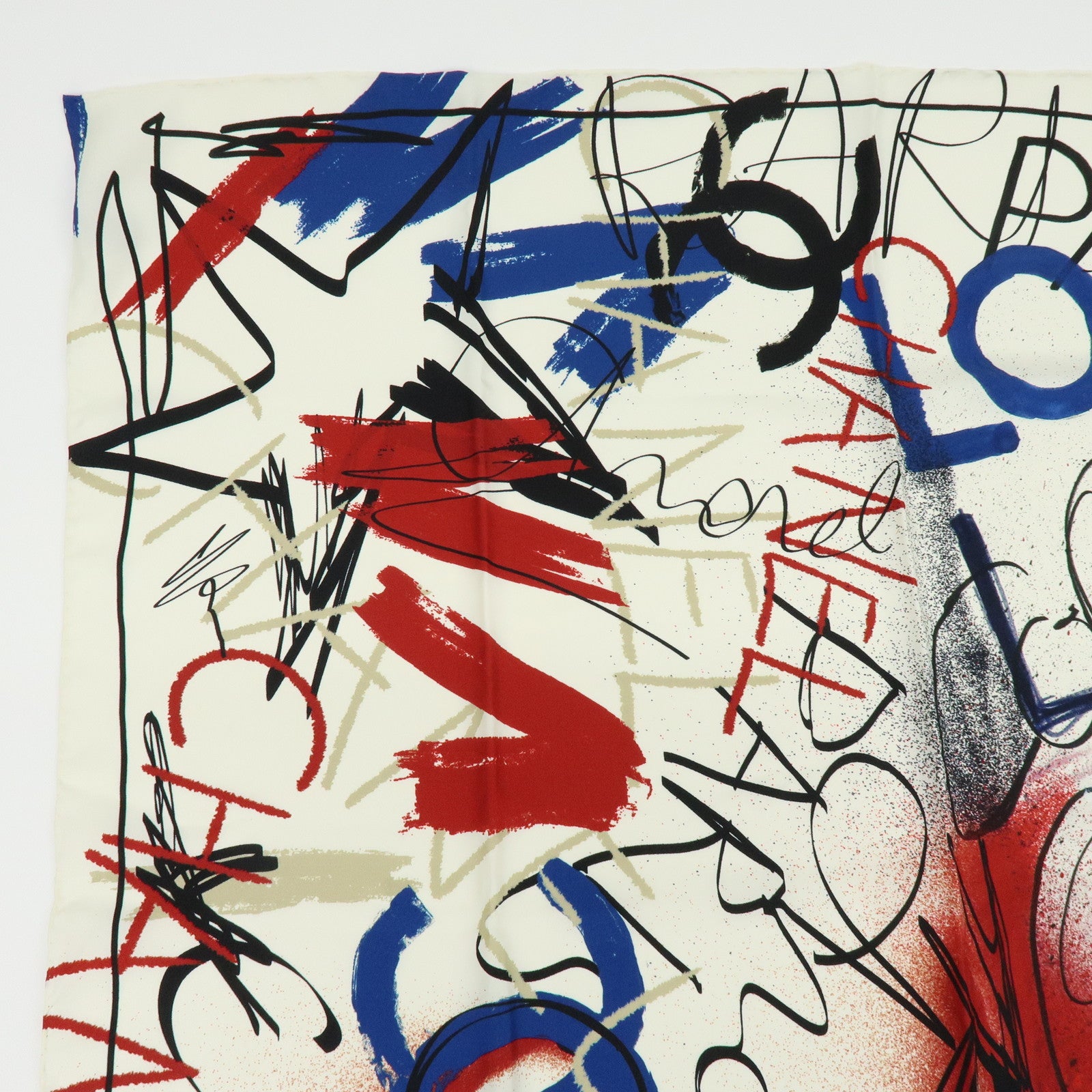 CHANEL Silk 100% Scarf Graffiti Painting LOVE  White Blue Red Black