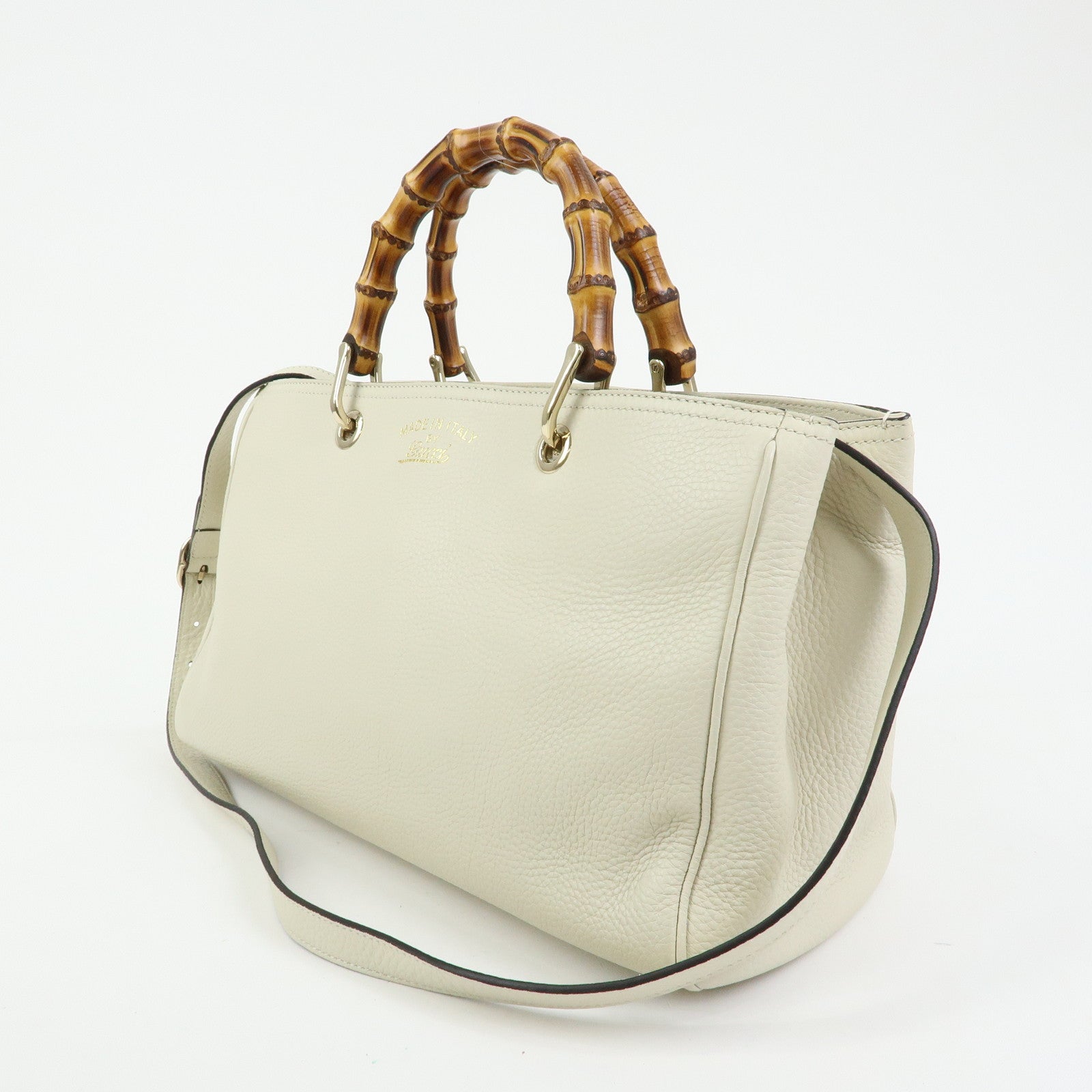 GUCCI Bamboo Shopper Medium Leather 2Way Bag Hand Bag White 323660