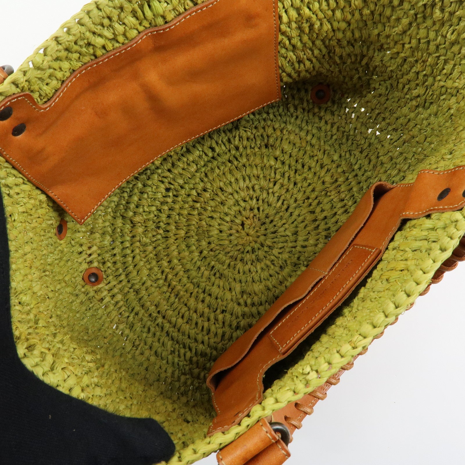 Balenciaga Panier Raffia Leather Basket Tote Bag Green Brown 236741