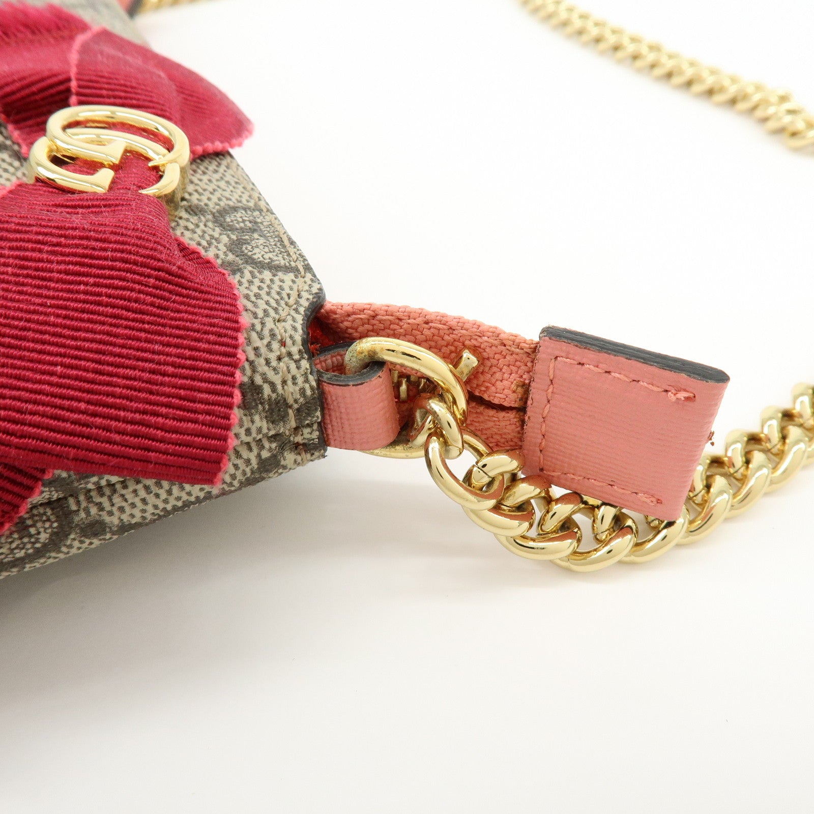 GUCCI Double G GG Supreme Leather Chain Shoulder Bag Ribbon Pink 431396