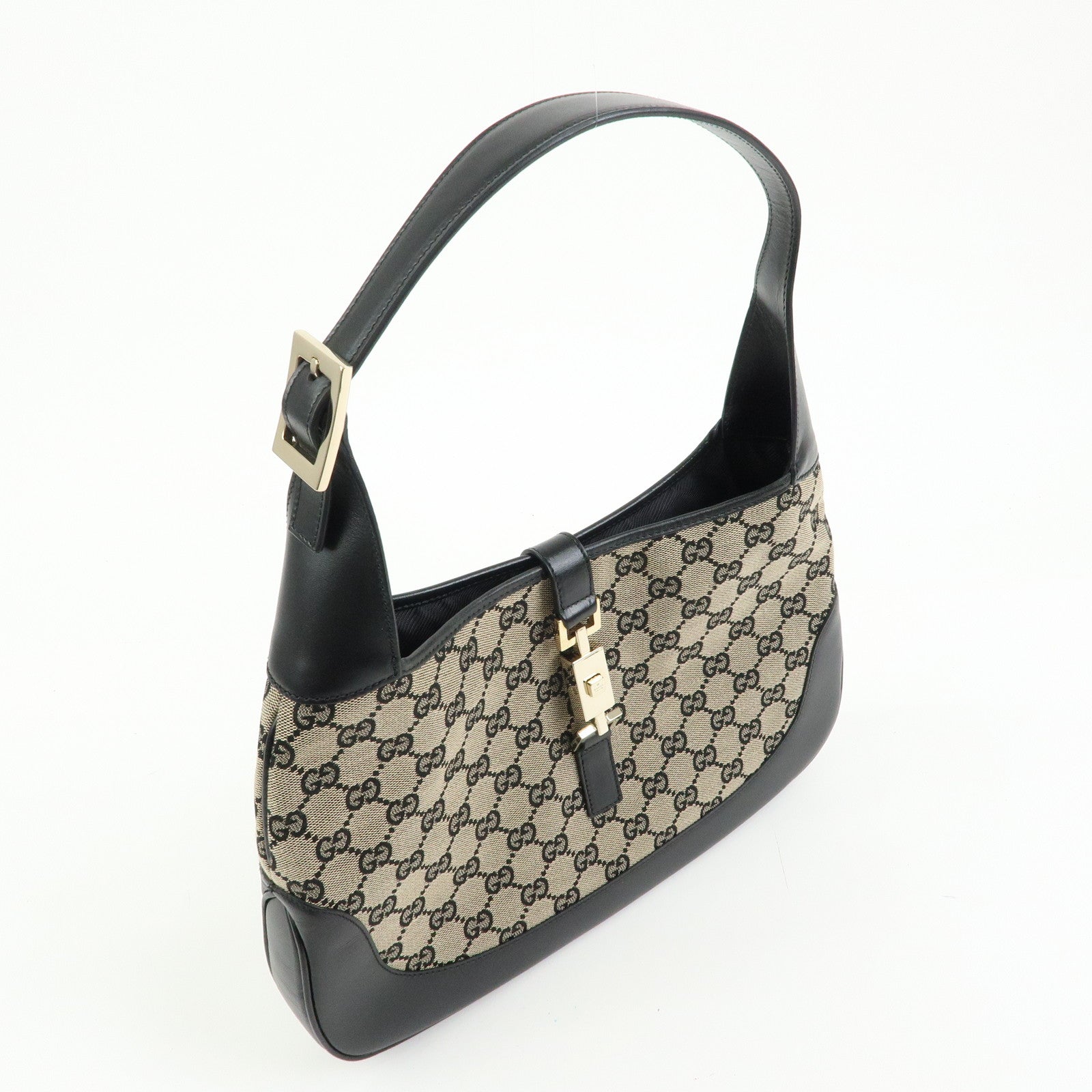 GUCCI Jackie GG Canvas Leather Shoulder Bag Beige Black 0013306