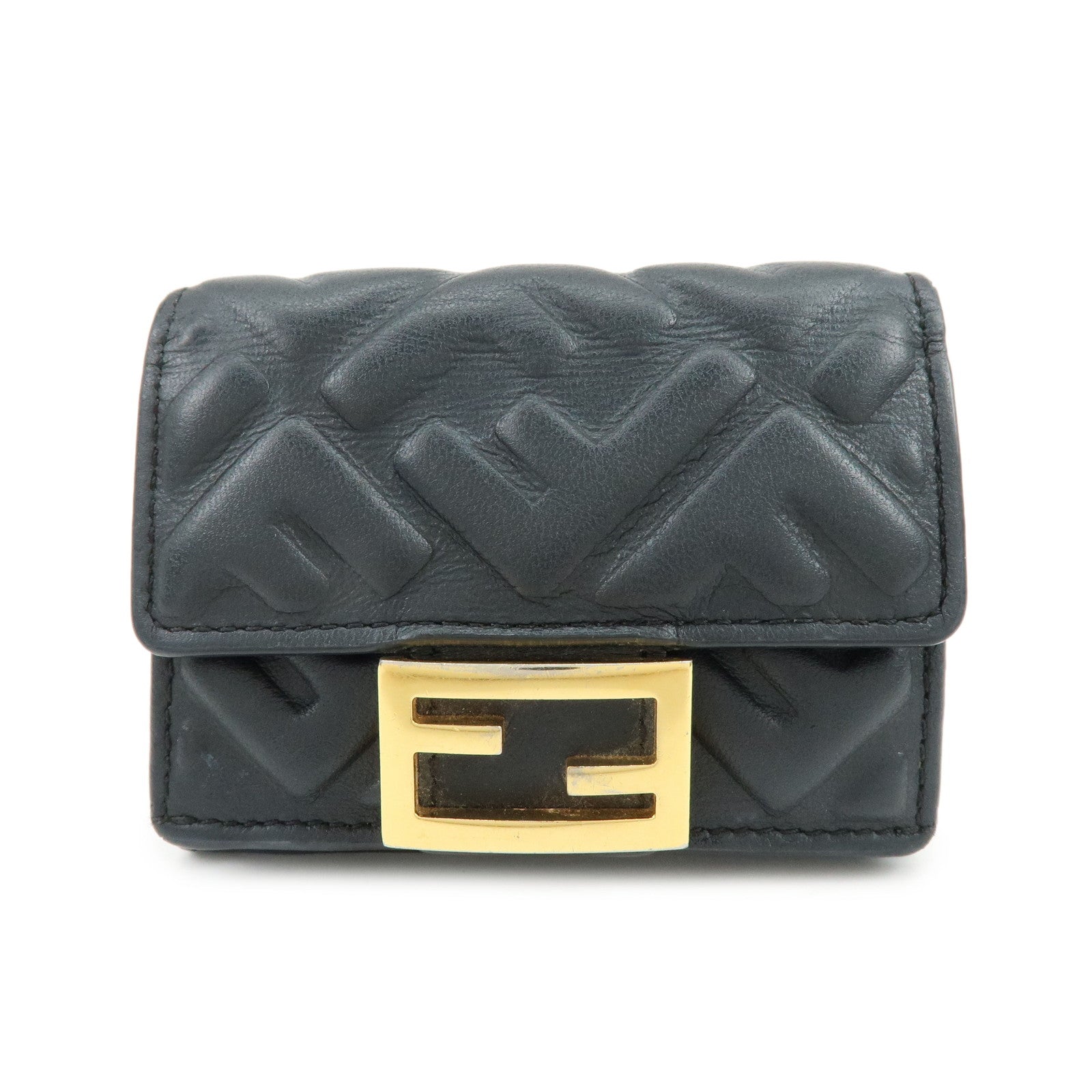 FENDI Zucca Baguette Micro Wallet Leather Tri-fold Wallet Black 8M0395