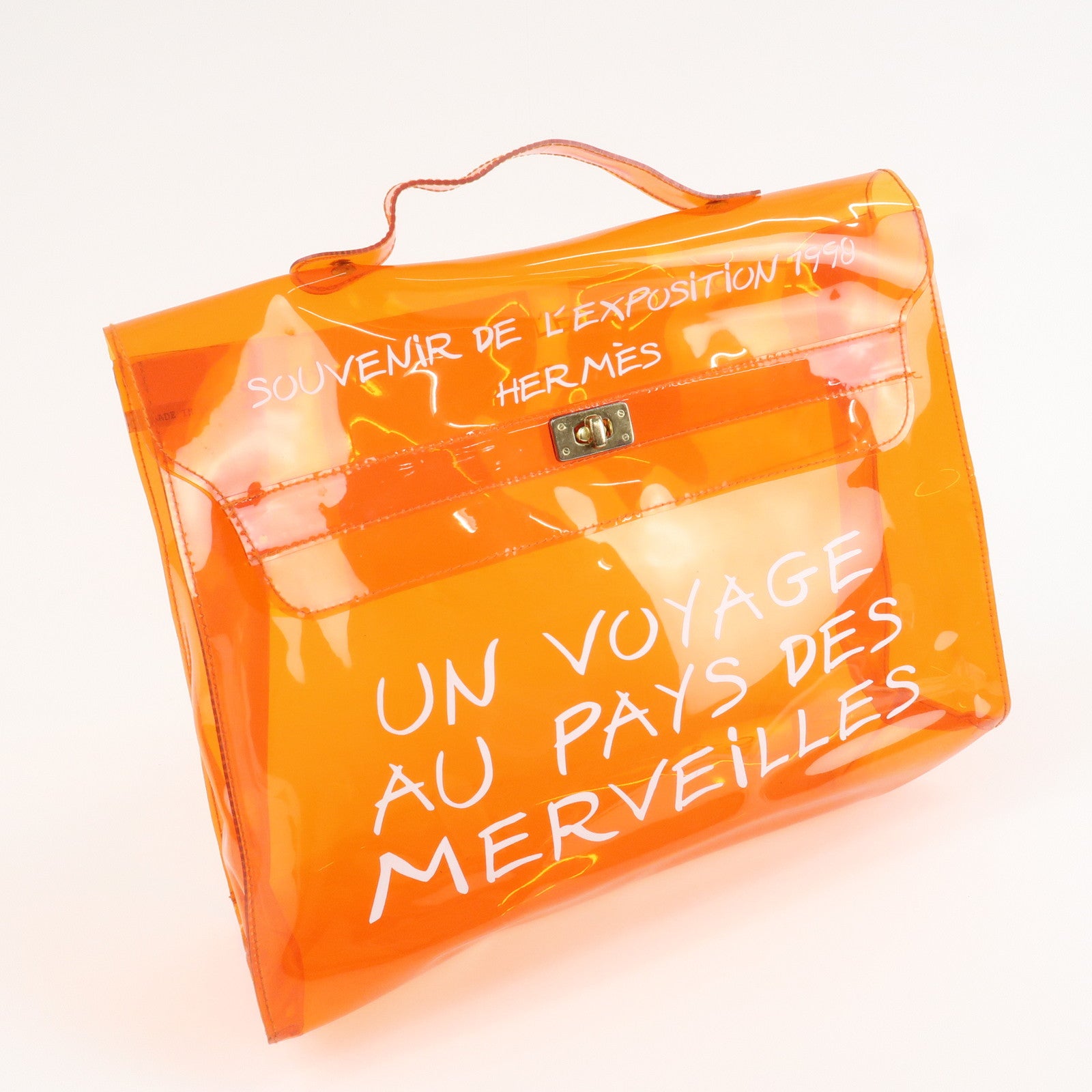 HERMES Vinyl Kelly Hand Bag Clear Orange Gold Hardware Used