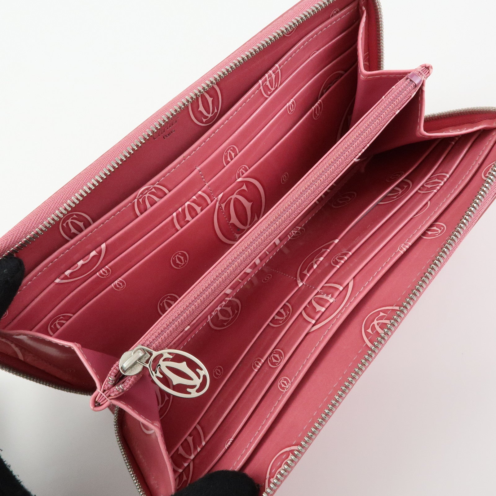 Cartier Happy Birthday Patent Leather Round Zippy Long Wallet Pink
