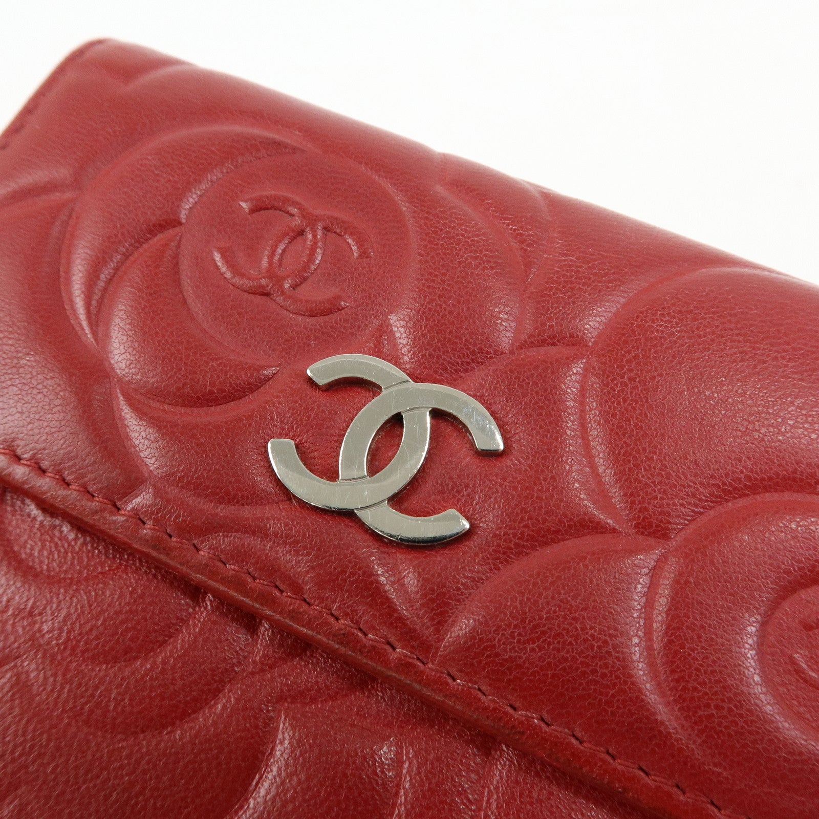 CHANEL Camellia COCO Mark Lamb Skin Bi-fold Compact Wallet Red A47422