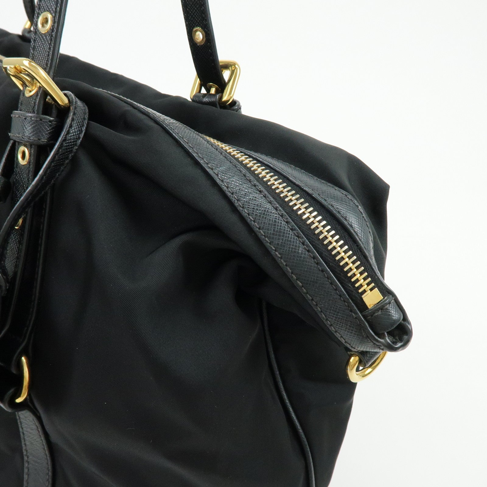 PRADA Logo Nylon Saffiano Leather Shoulder Bag Black 1BG253
